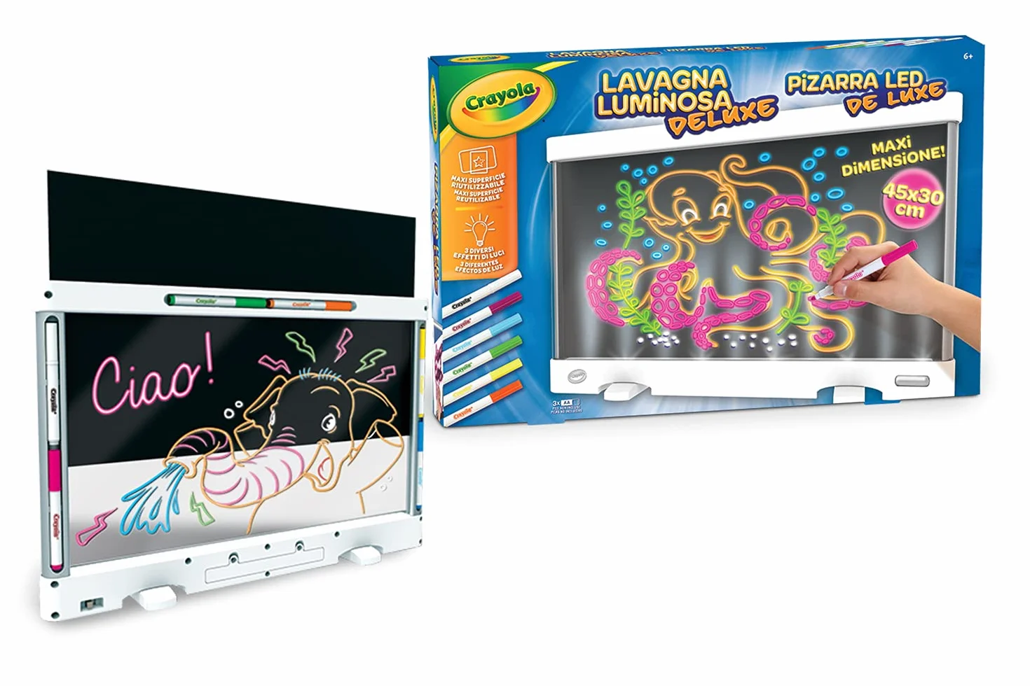 CRAYOLA - Podświetlana Tablica Deluxe z Dużą Powierzchnią, Zmazywalna Tablica do Rysowania ze Światłami LED, Zestaw z 6 Żelowymi Pisakami, Dla Dzieci od 6 do 10 Lat