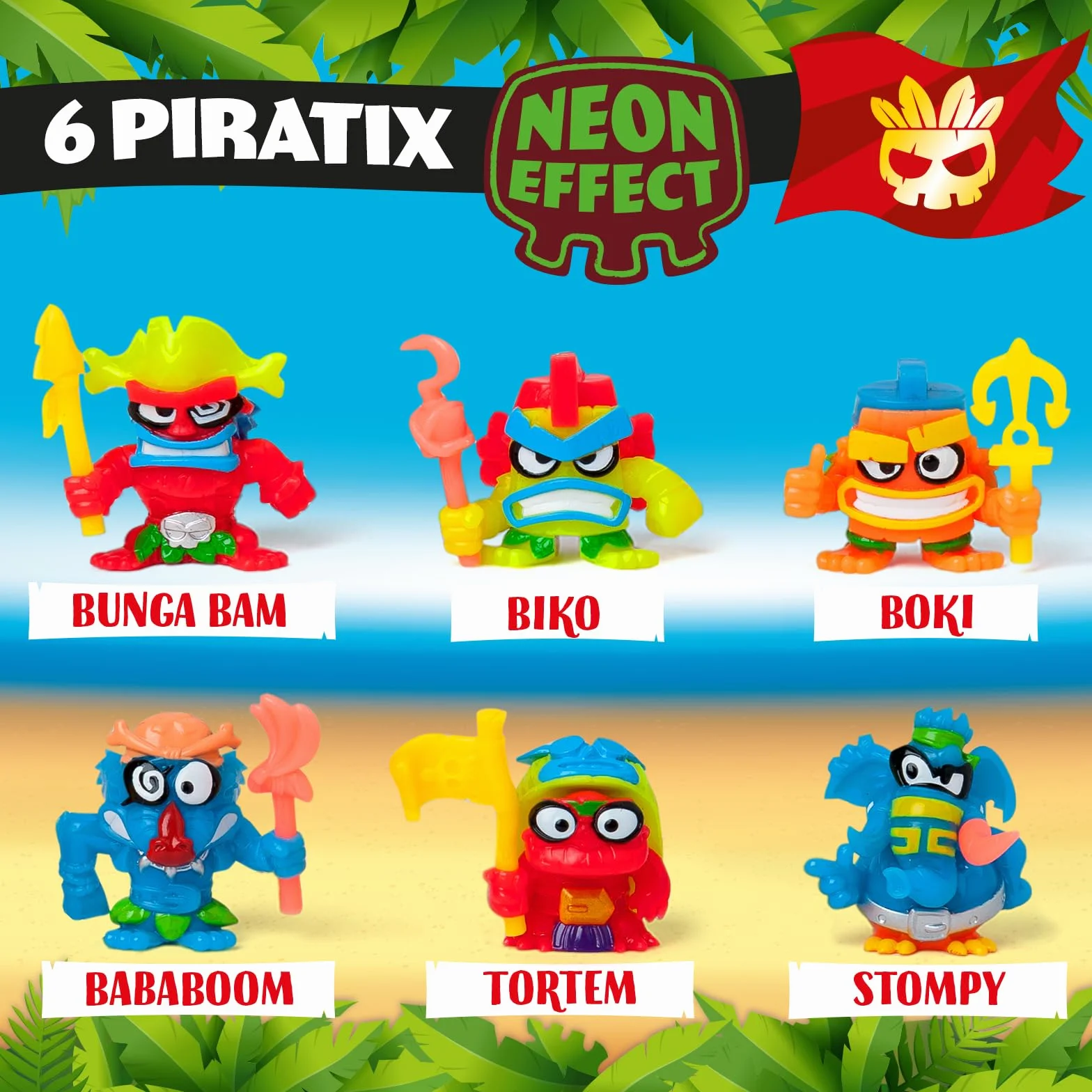 PIRATIX ADVENTURE WORLD Seria Crazy Jungle - pudełko zawierające 24 torebki z figurkami Piratixów z serii Crazy Jungle Każda torebka zawiera 1 figurkę Piratix i 1 akcesorium z efektem neonu.