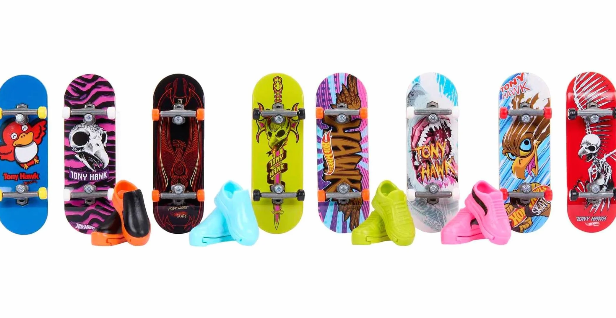Hot Wheels HMY19 - HW Skate, 8 w pełni zmontowanych deskorolek z palcami Tony Hawk i 4 pary butów do deskorolki, 1 ekskluzywny zestaw, pakiet 8 opakowań, zabawki od 4 lat
