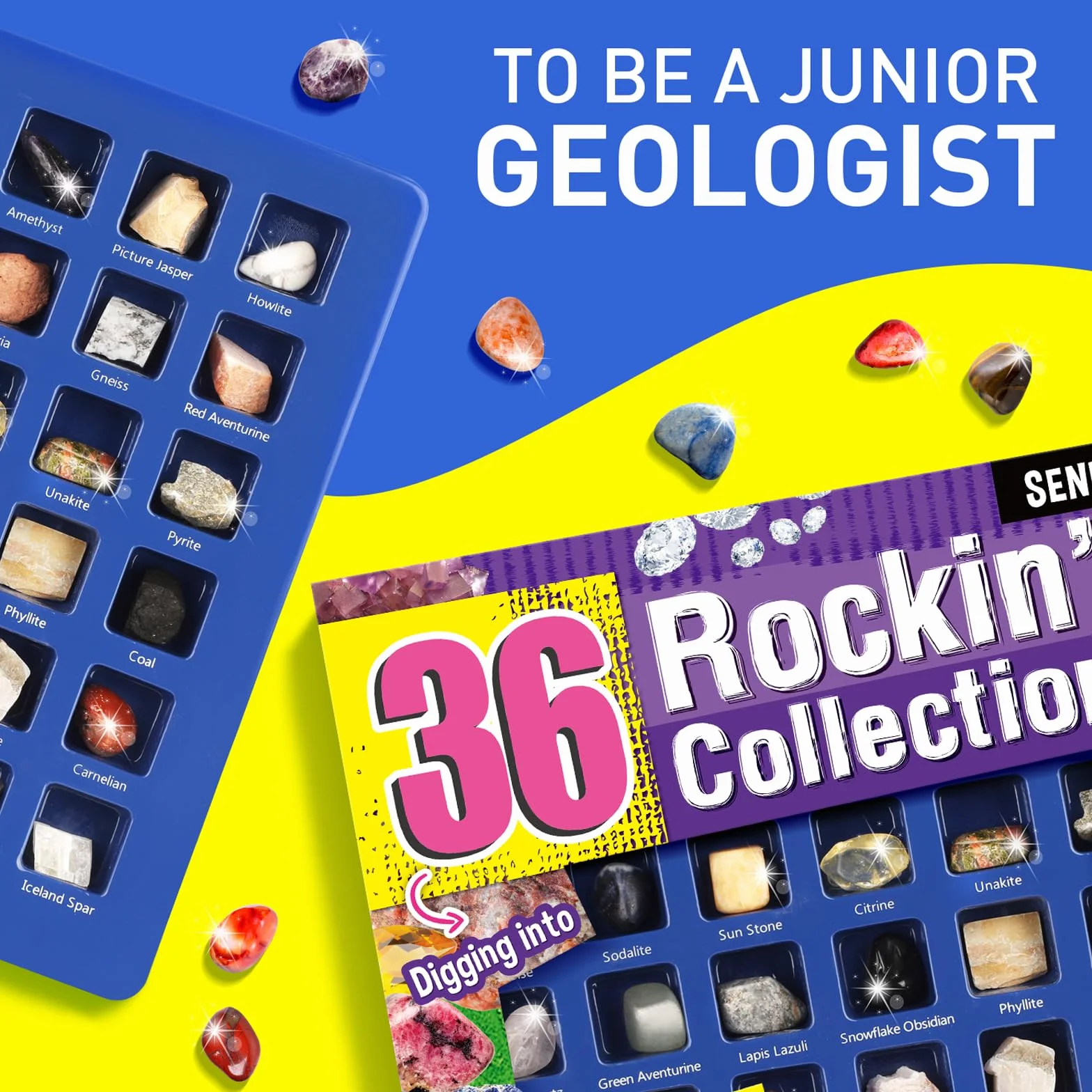 Byncceh 36 sztuk kryształów dla dzieci – zestaw minerałów z kamieniami szlachetnymi i kamieniami, zestaw geologiczny dla dziewcząt i chłopców wraz z arkuszem identyfikacyjnym – idealny dla