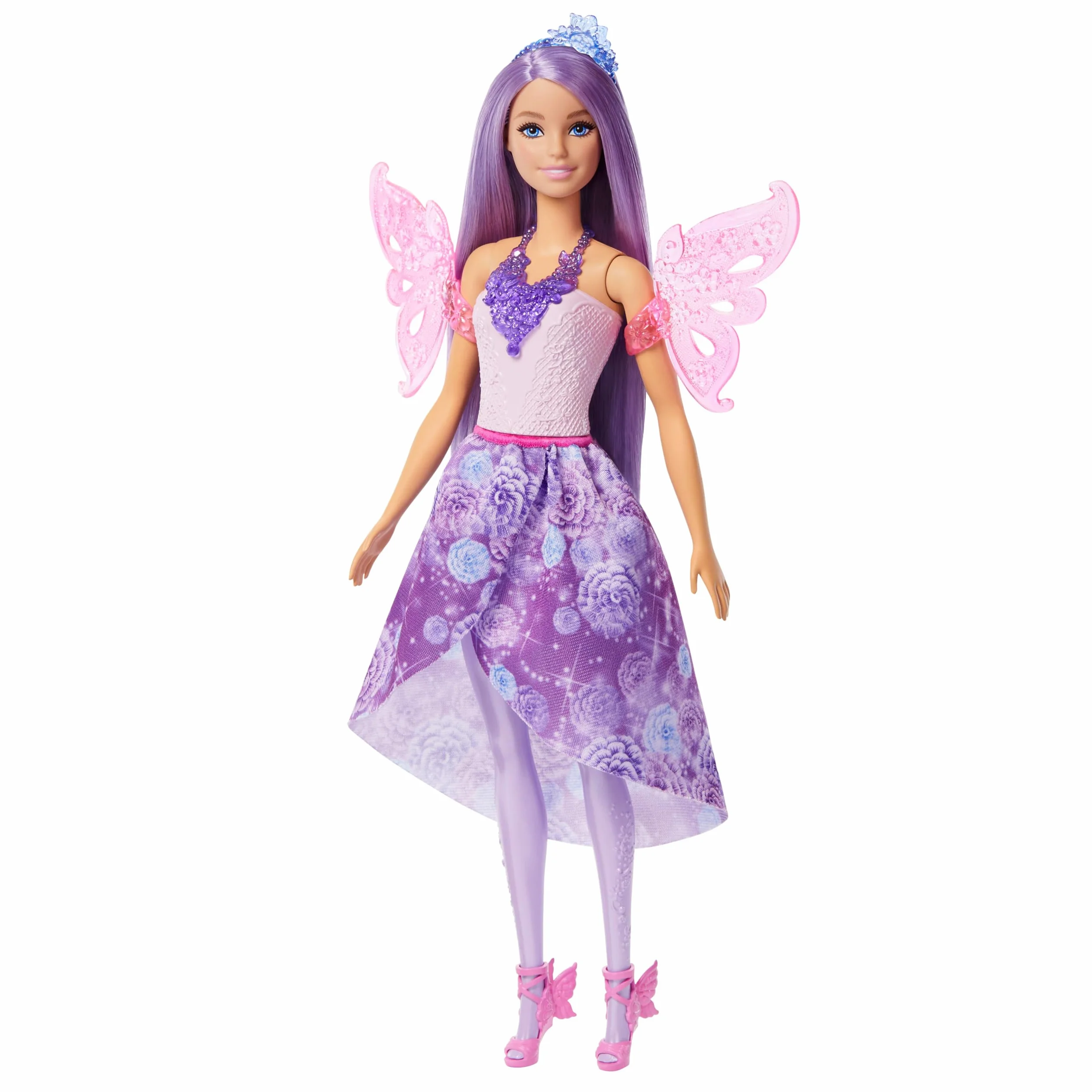 Barbie Baśniowe przebieranki Lalka, ubranka i akcesoria Zestaw z lalką i 8 akcesoriami, w tym ogonem syrenki, skrzydełkami wróżki, naszyjnikami i bucikami do stworzenia ponad 10 stylizacji, JCP74
