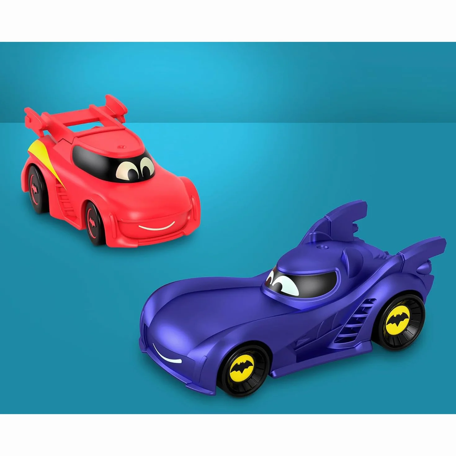Fisher-Price DC Batwheels Batcaverna Lancia & Strzałka, zestaw startowy inspirowany Batcaverna, 3 plany, światła i dźwięk, w zestawie 2 samochody zabawkowe, zabawki dla dzieci w wieku 3+ lat, HYR74