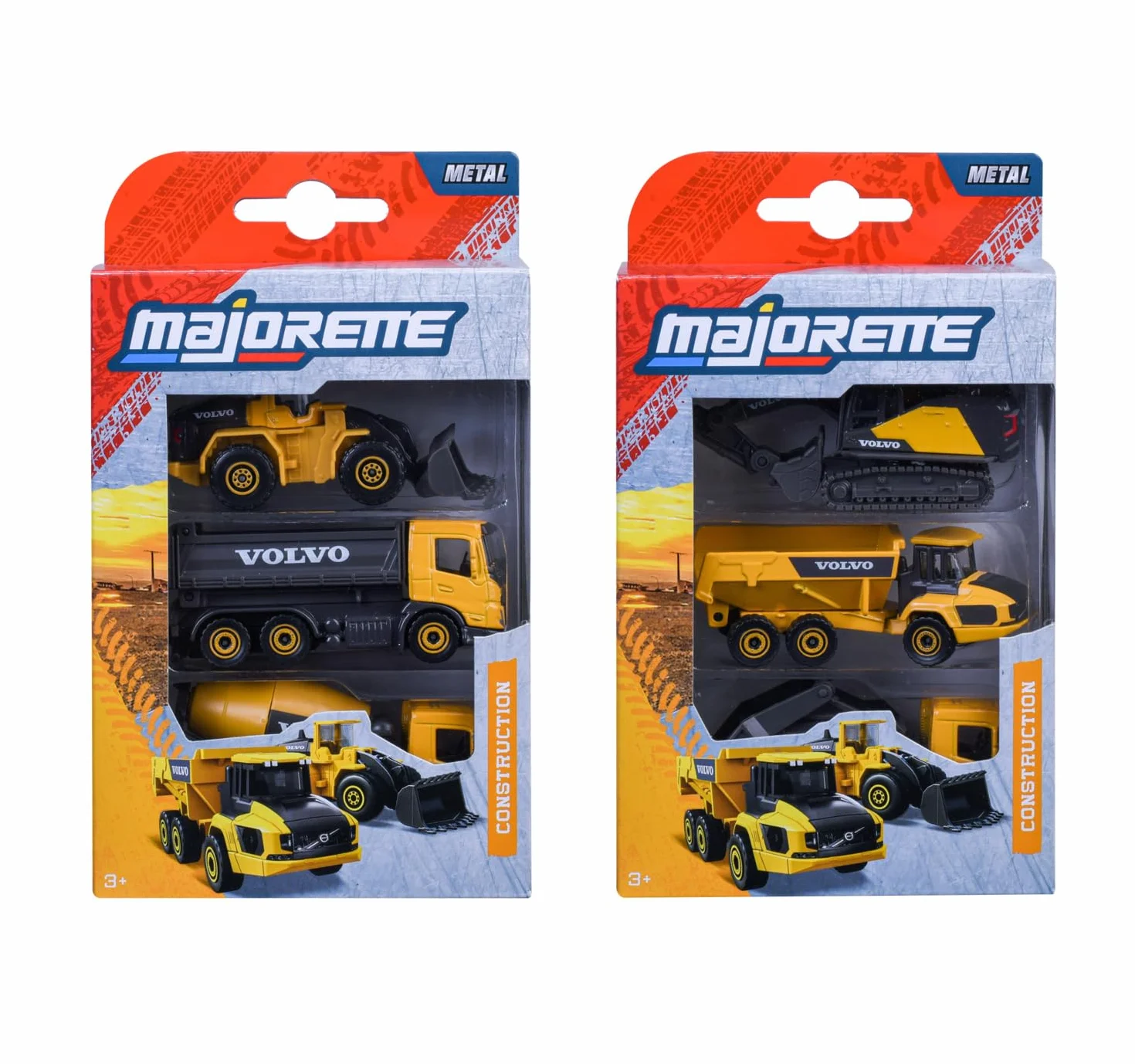 Majorette Volvo Construction 3-częściowy zestaw metalowych pojazdów budowlanych z ruchomymi częściami, 7,5 cm, +3 lata, 2 zestawy, CASUAL ADRES, 8503104000