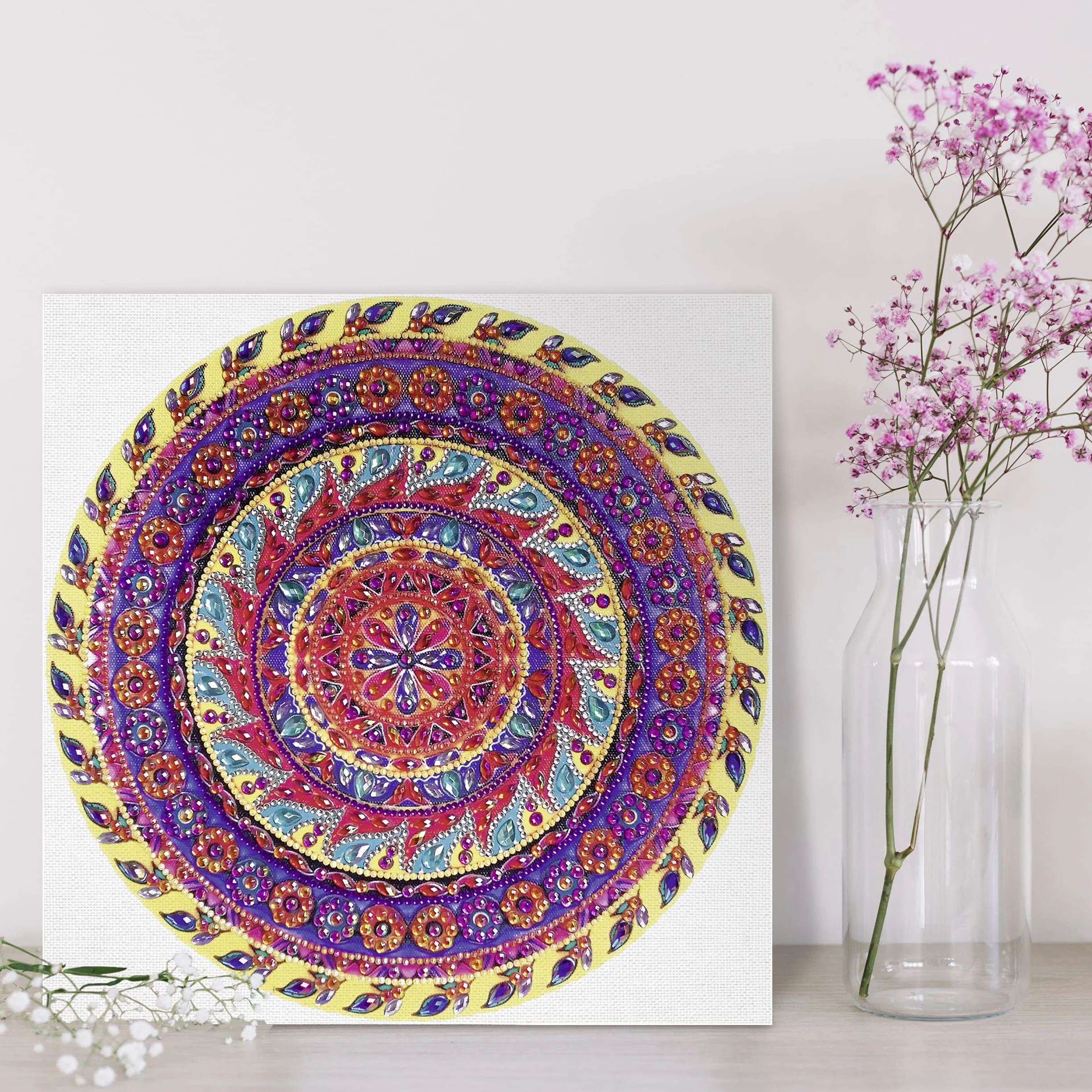 Ursus 43520004F Zestaw 4 do malowania diamentami, mandala, zestaw do majsterkowania z kamyczkami w kolorze żółtym, fioletowym i różowym, 1 płótno 30 x 30 x 1,5 cm