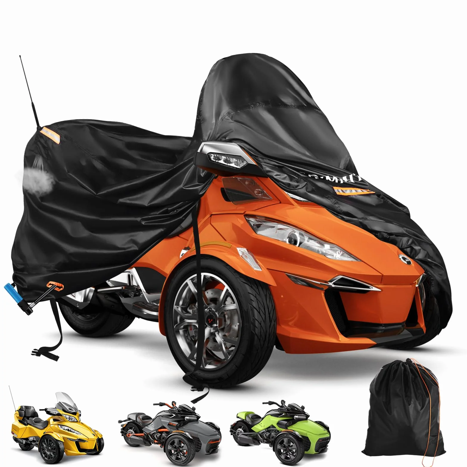 Can-Am Spyder Wodoodporna plandeka 420D Spyder Full Cover z 3 paskami odblaskowymi do Can-Am Spyder RT/F3 S/Limited, trzykołowy pokrowiec na motocykl, ochrona zewnętrzna