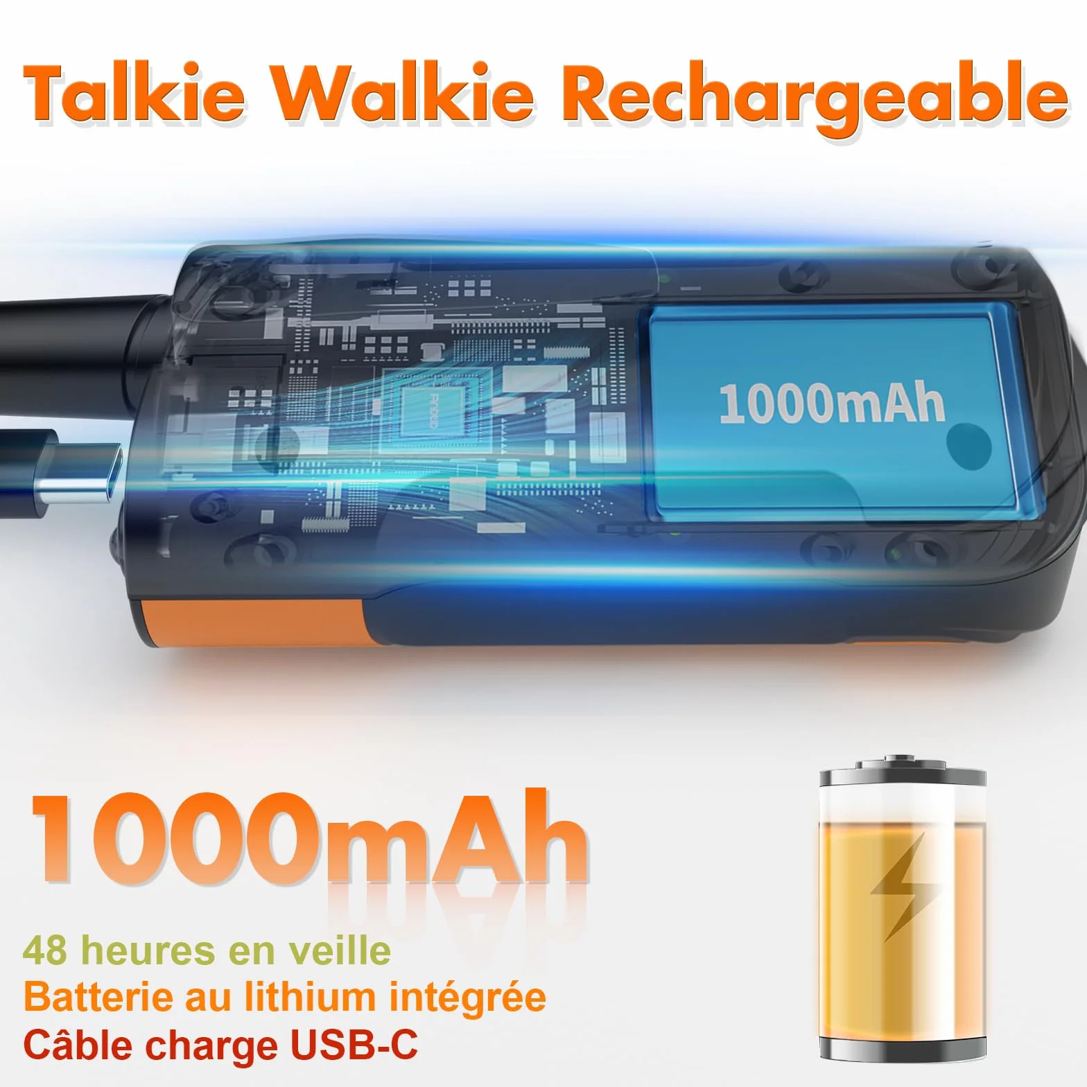 Walkie Talkie z Akumulatorem 1200mAh, Walkie Talkie dla Dzieci i Dorosłych, 16-Kanałowy Zestaw Radiowy, Walky Talky z Kablem ładującym Typu-C, Walkie Talki na Zewnątrz, Camping
