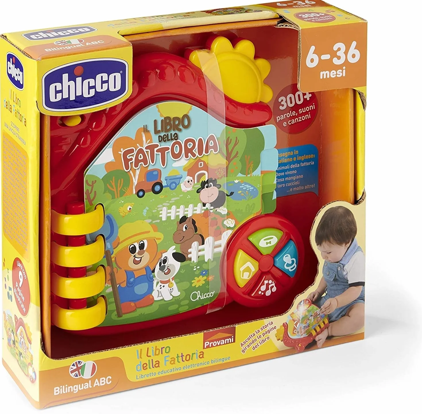 Chicco Mówiąca książeczka gospodarstwa rolnego, elektryczna książka edukacyjna, dwujęzyczna, wyświetlanie w języku włoskim i angielskim, łącznie z bateriami, wiek 6-36 miesięcy, wielokolorowa