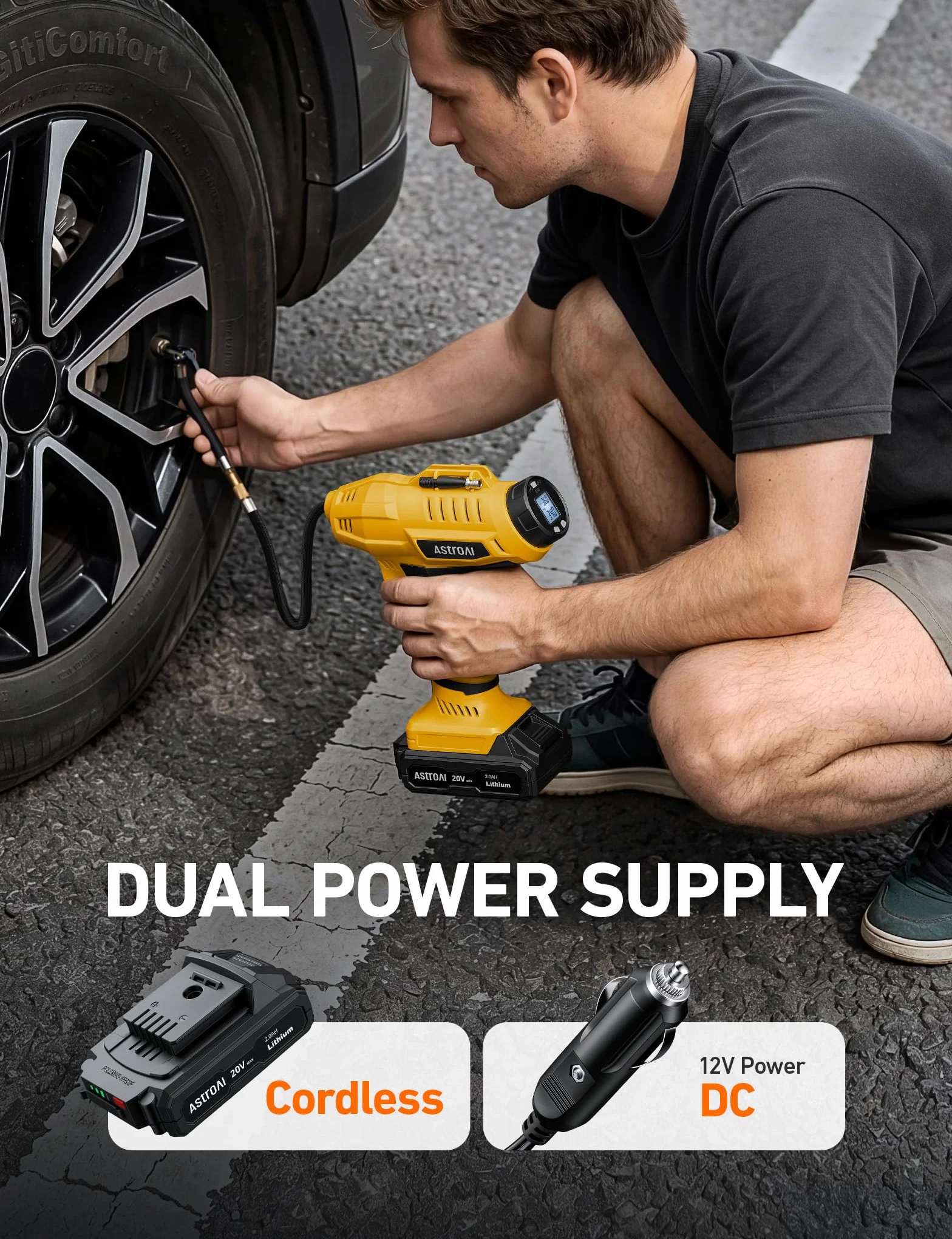 AstroAI Bezprzewodowa sprężarka powietrza do pompowania opon, 20 V, zasilana baterią, 160 PSI, przenośna pompa ręczna, 12 V, cyfrowy manometr