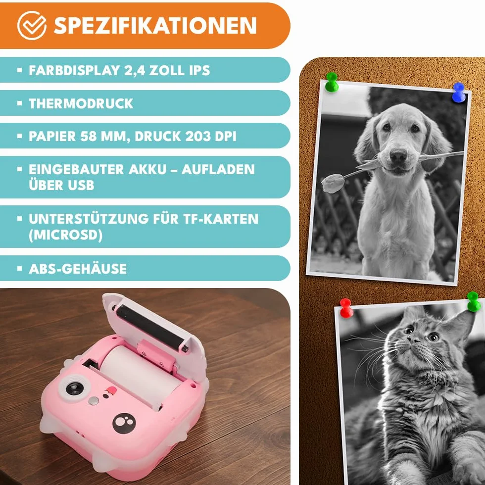 KRUMAD Mini kamera natychmiastowa z drukarką do zdjęć, fotodrukarka dla dzieci i nastolatków, aparat z Bluetooth, grami, nagrywaniem wideo i naklejkami