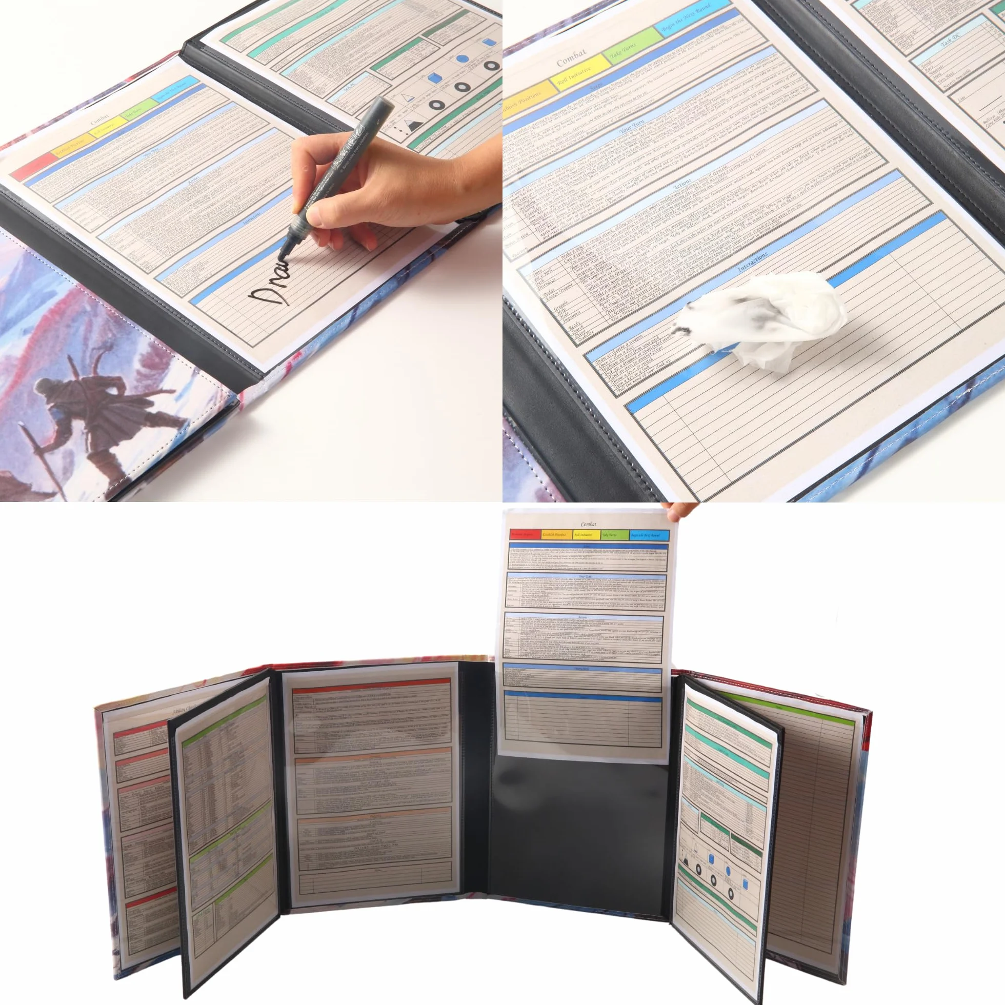 DND 5e Ekran DM 8 Panele z imitacji skóry Deluxe 2 zawieszone kieszenie do wymazywania na mokro i cheat sheet dla Mistrza Lodów Dungeons and Dragons Akcesoria do terenu GM Mapa TTRPG Prezent dla