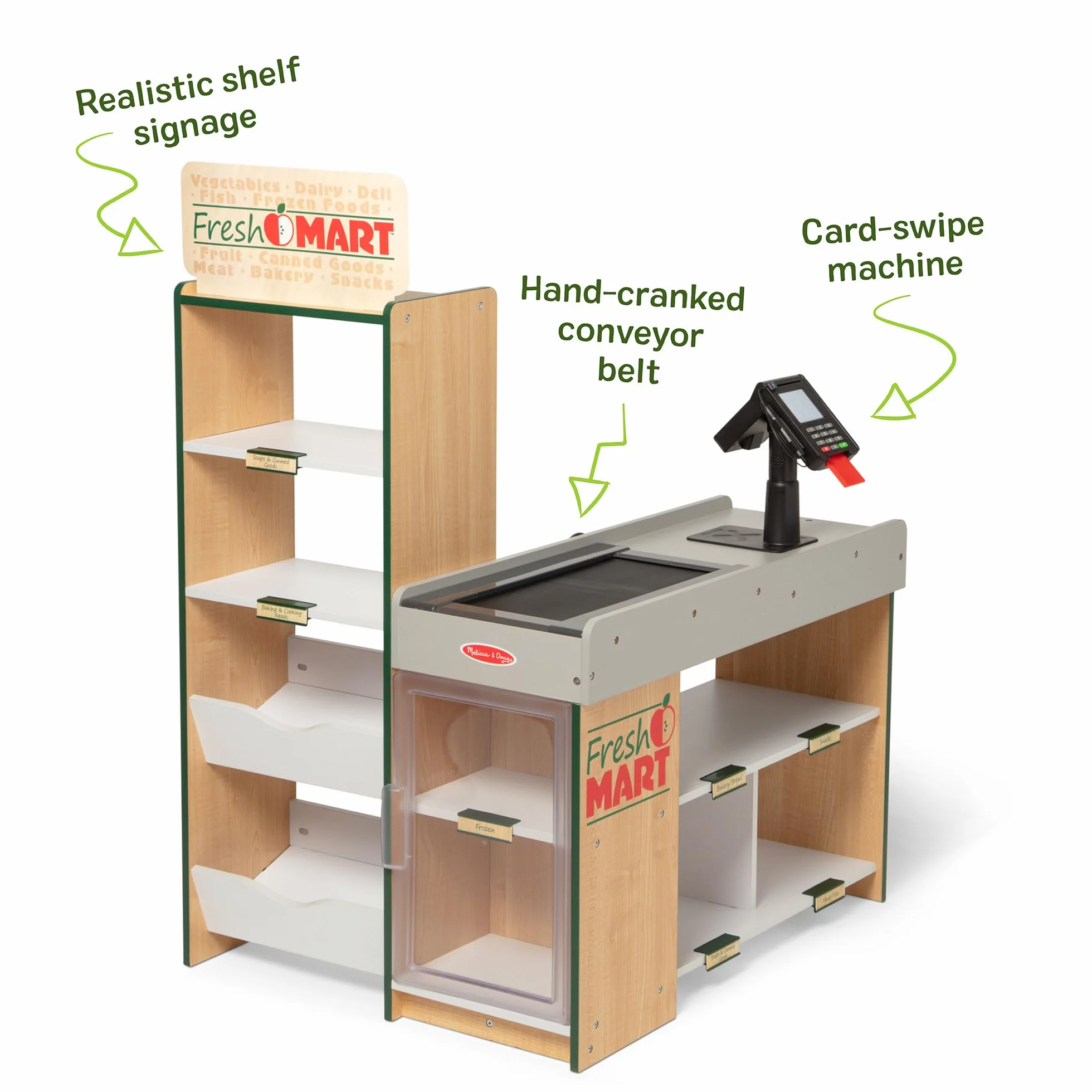 Melissa & Doug Drewniany sklep spożywczy Fresh Mart | Kasa dla dzieci | Zabawa w supermarket dla dzieci| Bardzo duży drewniany zestaw do zabawy z akcesoriami | Prezent dla chłopców I dziewczynek
