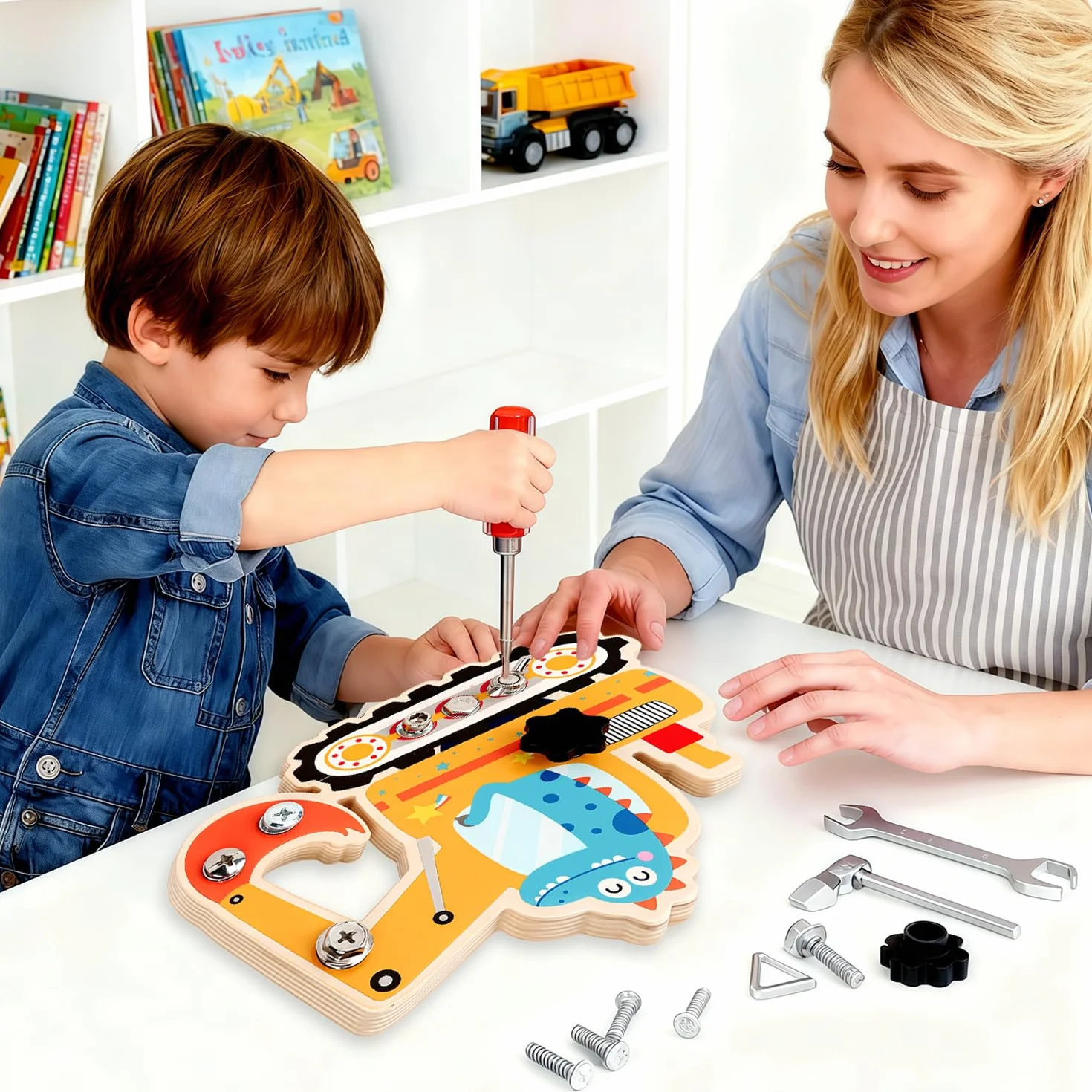 Montessori Drewniane zabawki z dinozaurami dla dzieci w wieku 2 lat Montessori Śrubokręt Tablica Wkrętakowa, Dobra zabawka motoryczna Chłopcy i dziewczęta 2 3 4 lata
