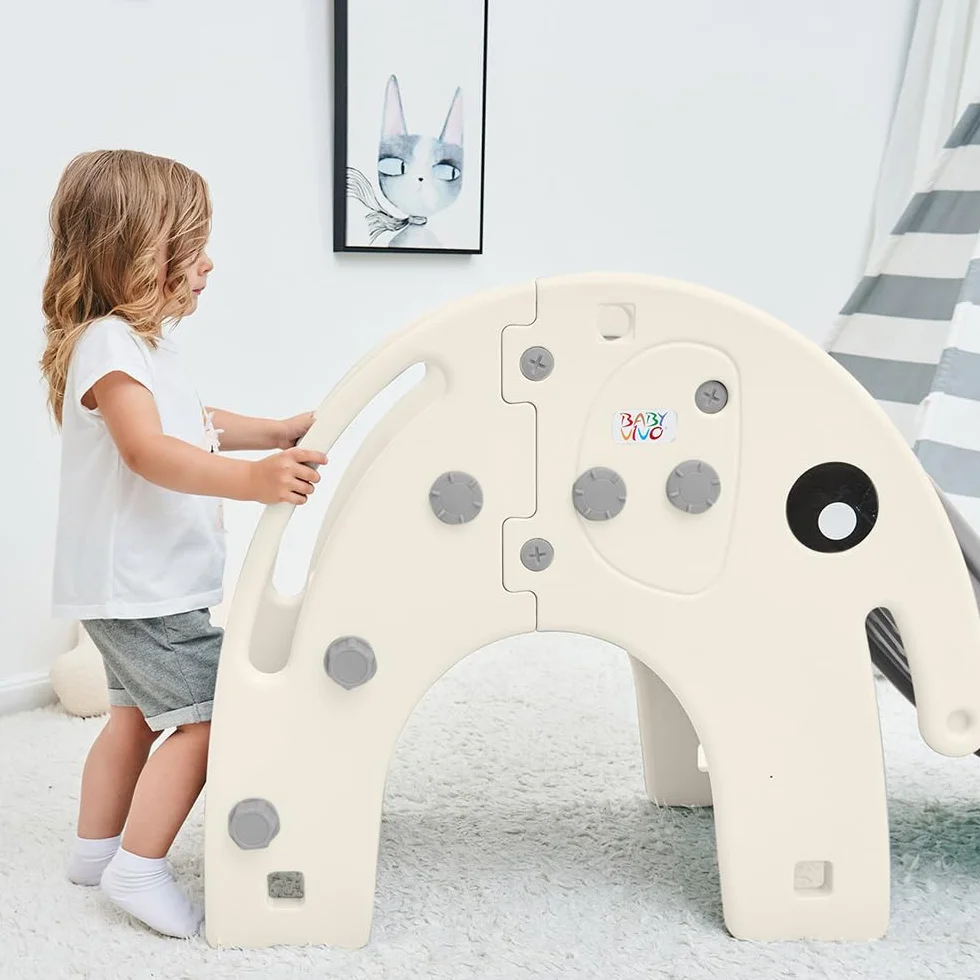 Baby Vivo Zjeżdżalnia dla dzieci, zjeżdżalnia ogrodowa dla małych dzieci, tworzywo sztuczne, słoń, zaokrąglone narożniki i krawędzie, do użytku wewnątrz i na zewnątrz, szaro-biała