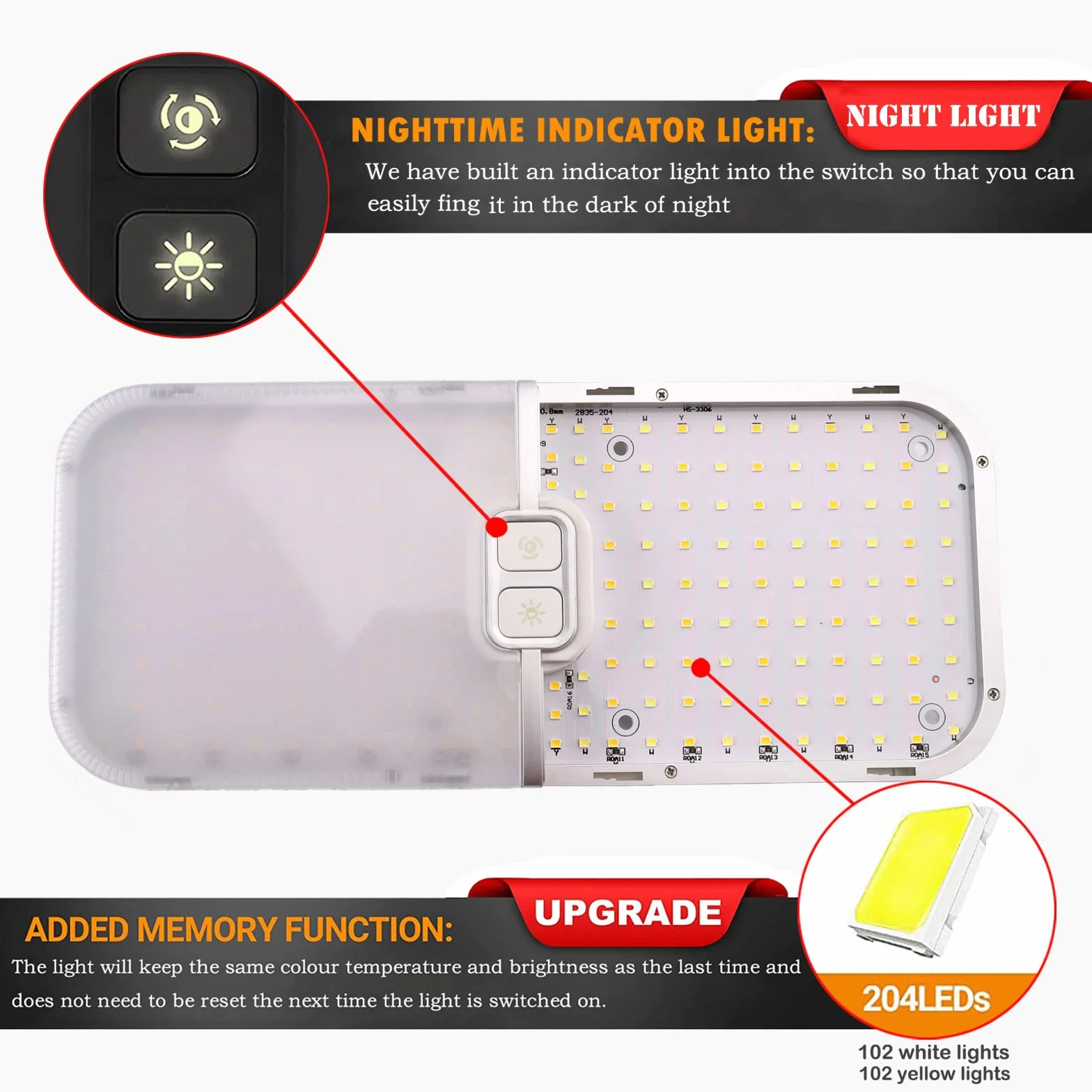 Lampy LED 12 V, 204 diody LED, 15 W, możliwość ściemniania, oświetlenie dachu, przyczepy kempingowej, z przełącznikiem pamięci, białe, żółte i ciepłe światło, uniwersalne do samochodów