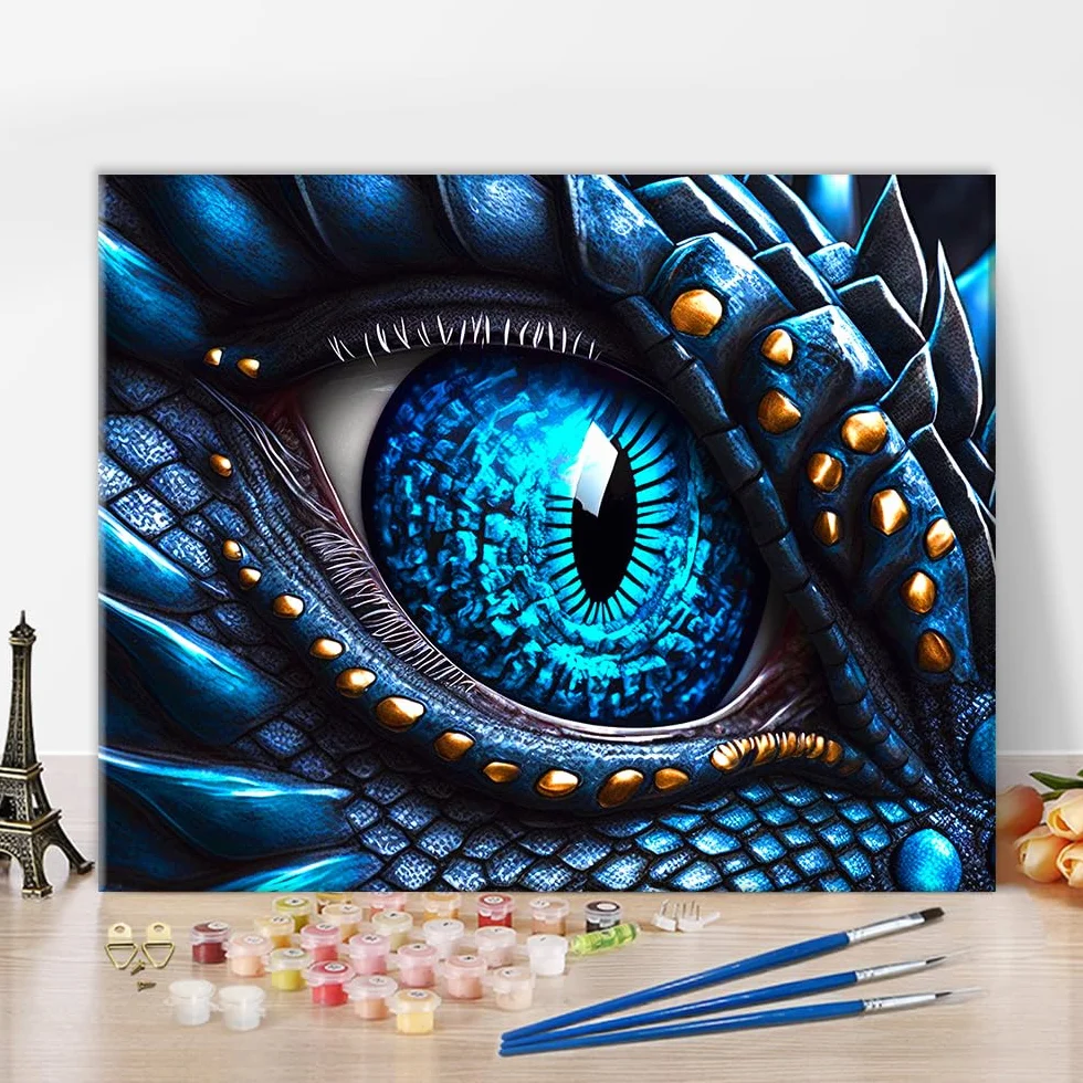 TISHIRON Zestaw do malowania według liczb dla dorosłych – fantazyjne niebieskie oko smoka, 40 x 50 cm, obraz olejny "zrób to sam" z pędzlami i farbami, relaksujący projekt artystyczny do domu