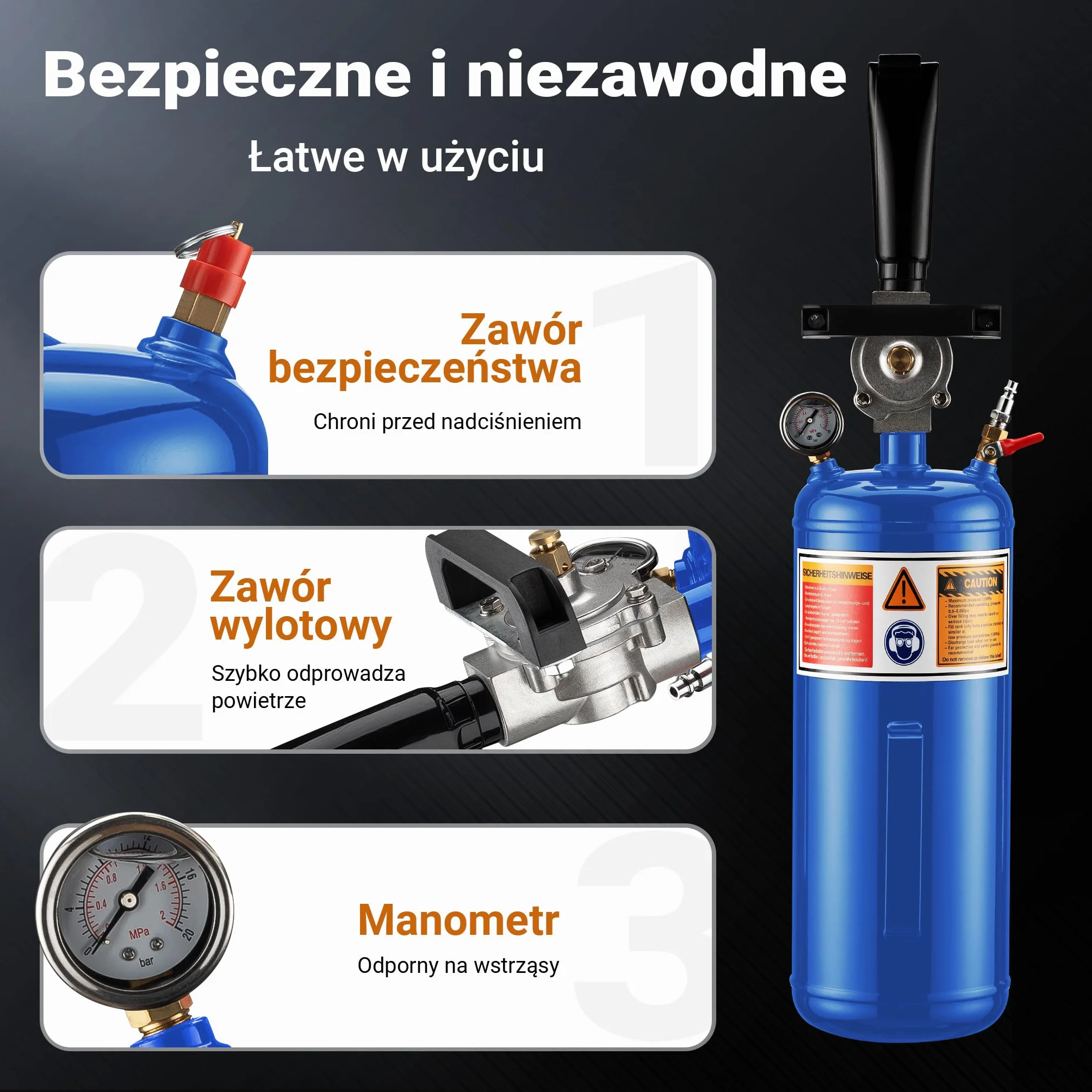 Wiltec Inflator do opon 6-8 bar, ze zbiornikiem 7 l, niebieski, pistolet do pompowania powietrzem sprężonym, przenośny