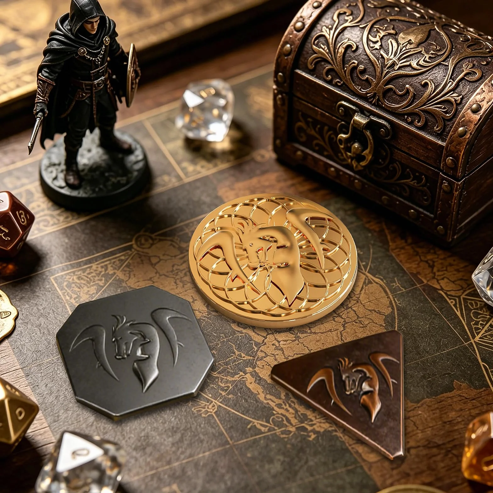 70 PCS Metalowe Monety DND, Skórzana Torba, Zawiera 30 złotych i 20 srebrnych oraz 20 miedzianych monet, Fantasy Tokeny do Gier Planszowych