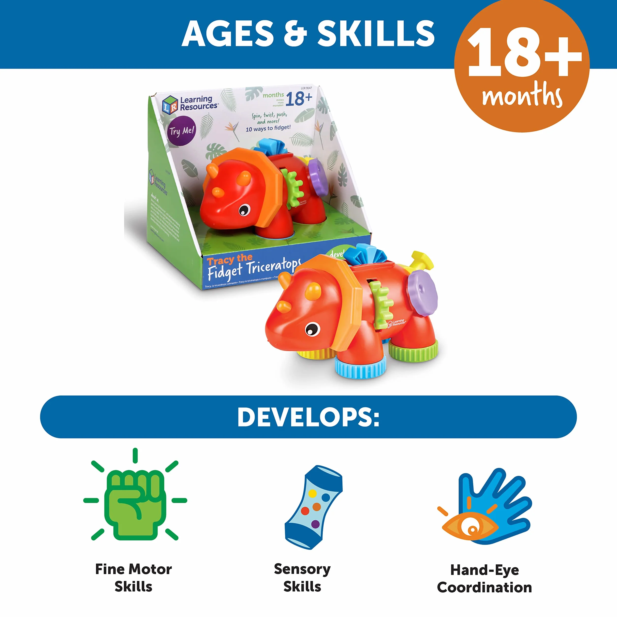 Learning Resources Triceratops Tracy – Zabawka Manipulacyjna, 1 element, Od 18 miesięcy, Zabawki dla małych dzieci, Zabawki sensoryczne dla maluchów, Rozwijające motorykę małą, Zabawki Montessori