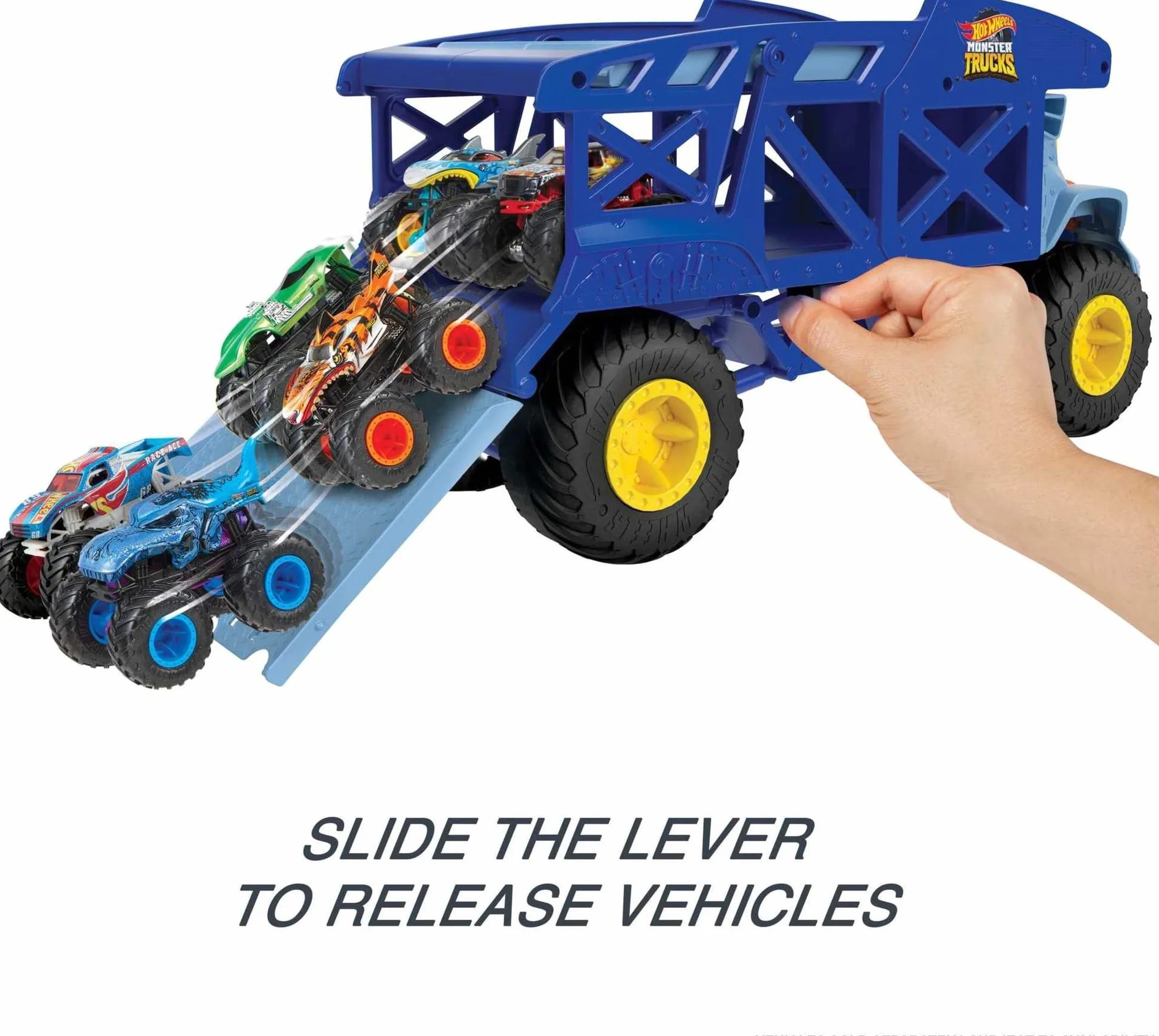 Hot Wheels Monster Trucks Toy Hauler, Oversized Truck Carries & Stores 12 1:64 Scale Monster Trucks or 32 Cars, Monster Mover Rhino, HFB13