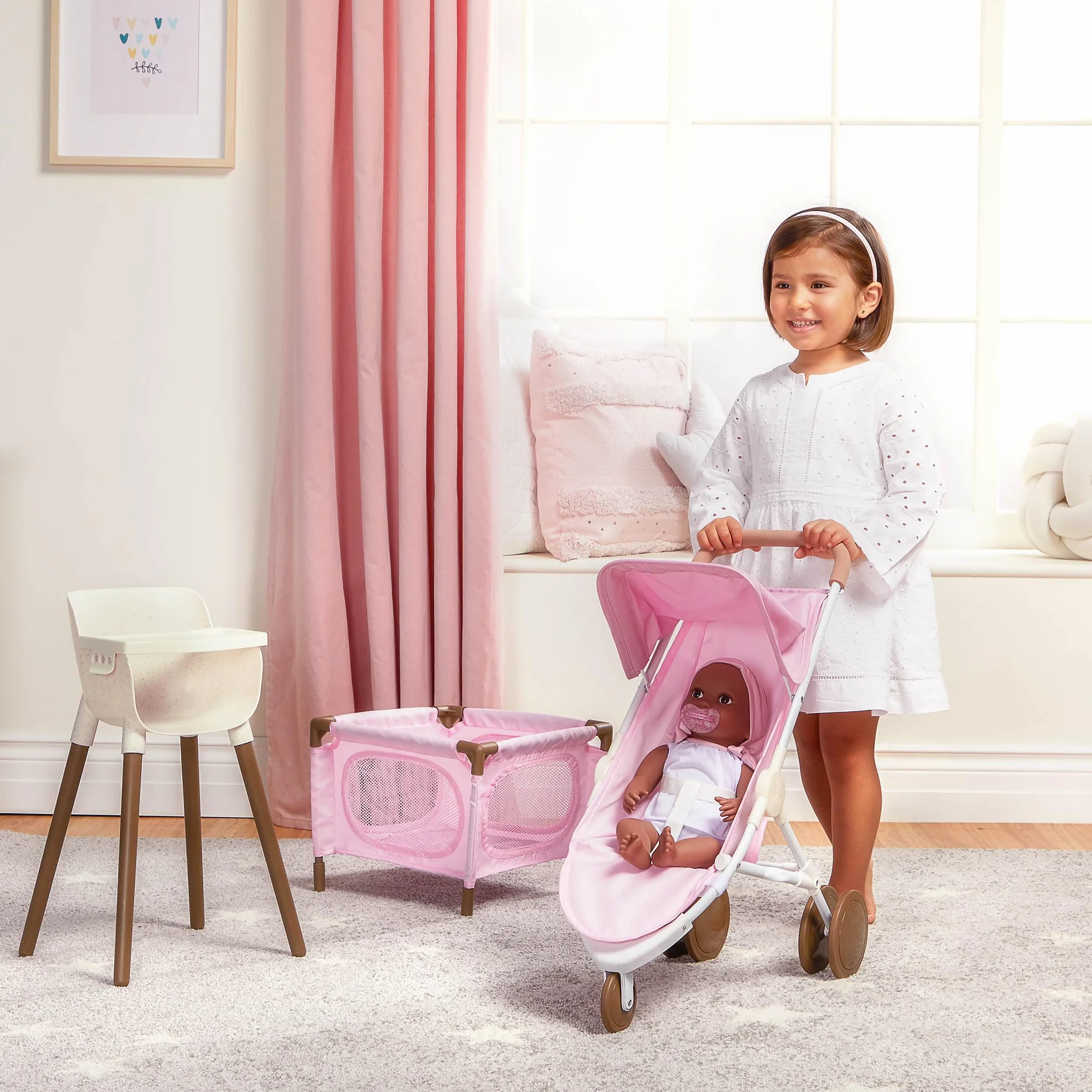 LullaBaby – 14-Inch Realistic Baby Doll Accessory Bundle – Nursery Care Set – High Chair, Playpen & Jogger Stroller – Pretend Play Toys – Kids 2+ Years– Baby Doll Nursery Playset