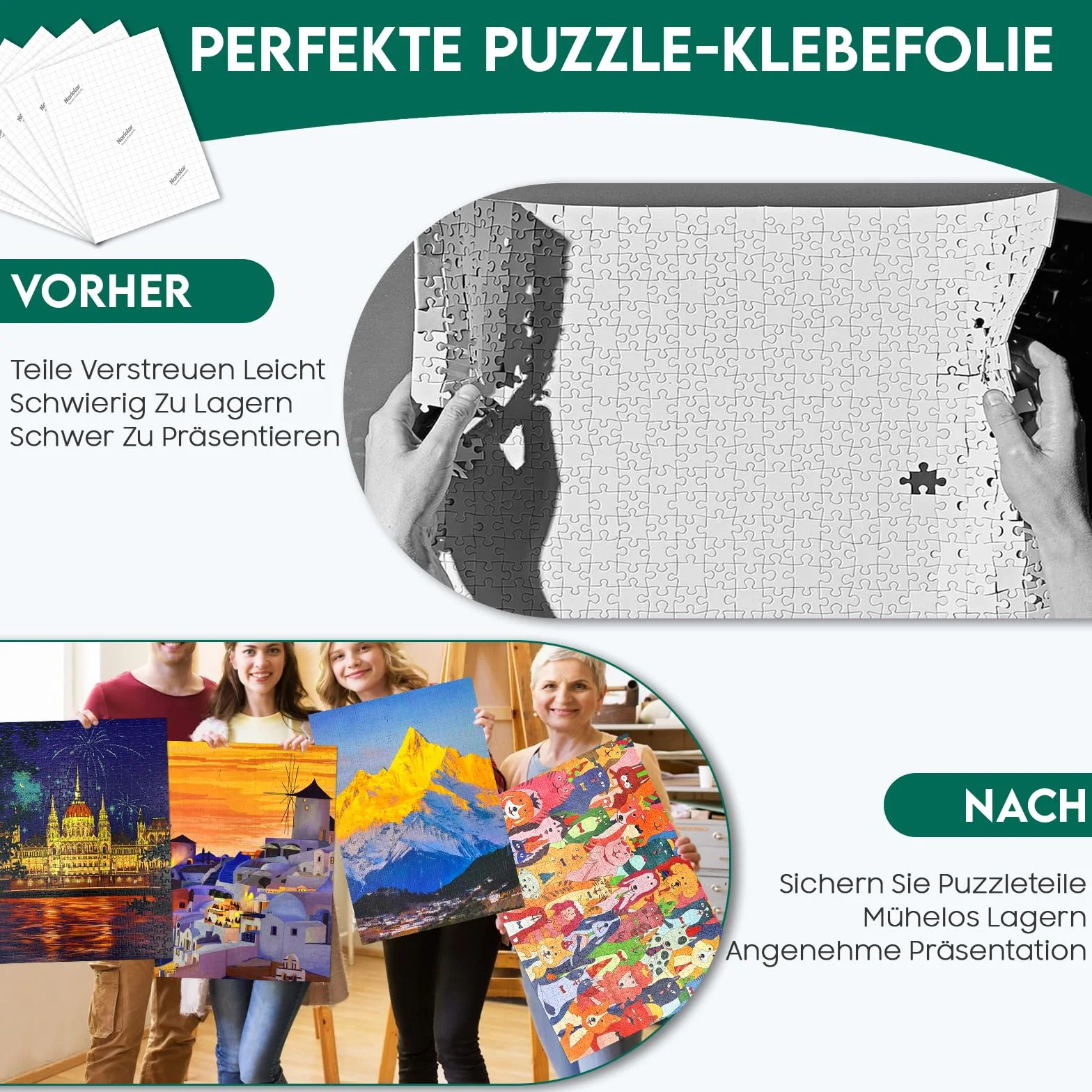 Nariolar Ultra-przyczepna folia samoprzylepna, 16 super kleju do puzzli, do otrzymania 2 x 1000 elementów i ochrony puzzli w ciągu zaledwie kilku minut