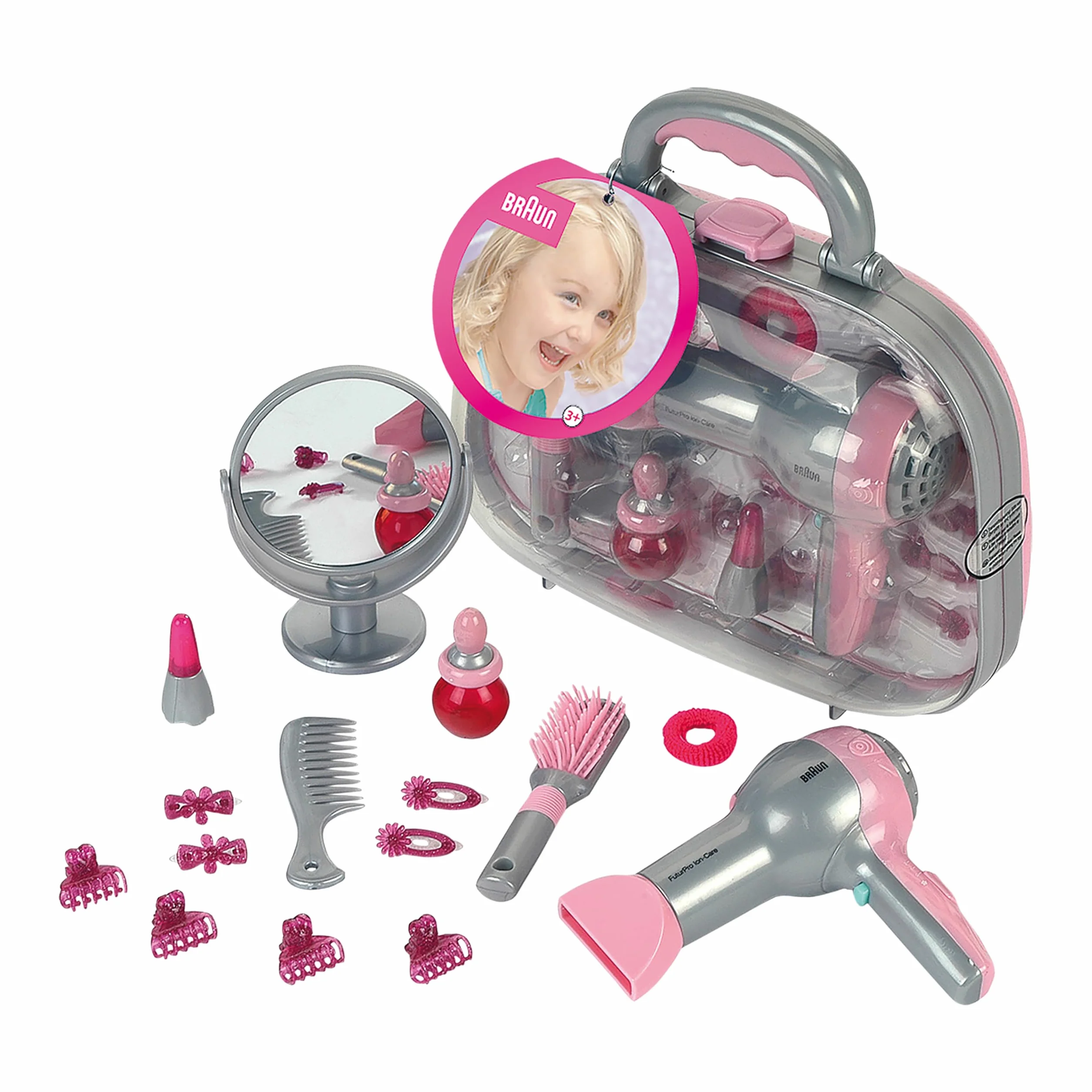 Theo Klein 5855 Braun Hairdresser's Case I with Mirror, Comb and Lots of Styling Accessories I with Battery - Powered Hairdryer I Toy for Children Aged 3 Years and up