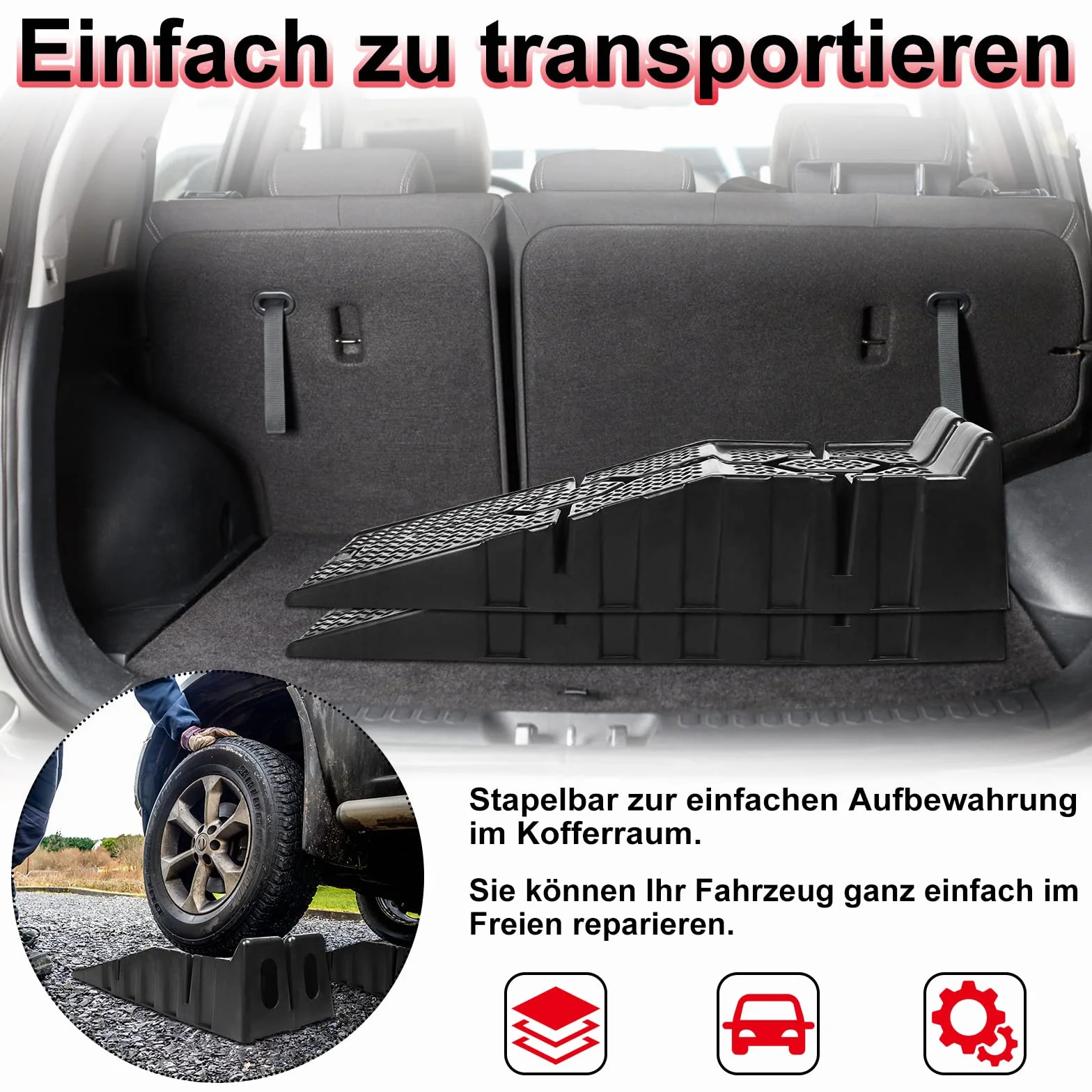NAIZY Zestaw 2 ramp najazdowych do załadunku, z tworzywa sztucznego, 90 x 33 x 22,5 cm, platforma podjazdowa do 2,5 ton, kliny najazdowe, do krawężnika, do samochodów osobowych i transporterów, czarne
