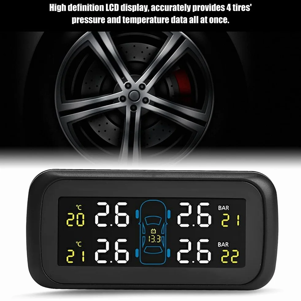 System monitorowania ciśnienia w oponach, samochodowy czujnik ciśnienia w oponach TPMS z monitorem LCD, 4 czujniki wewnętrzne, ładowarka USB do zapalniczki