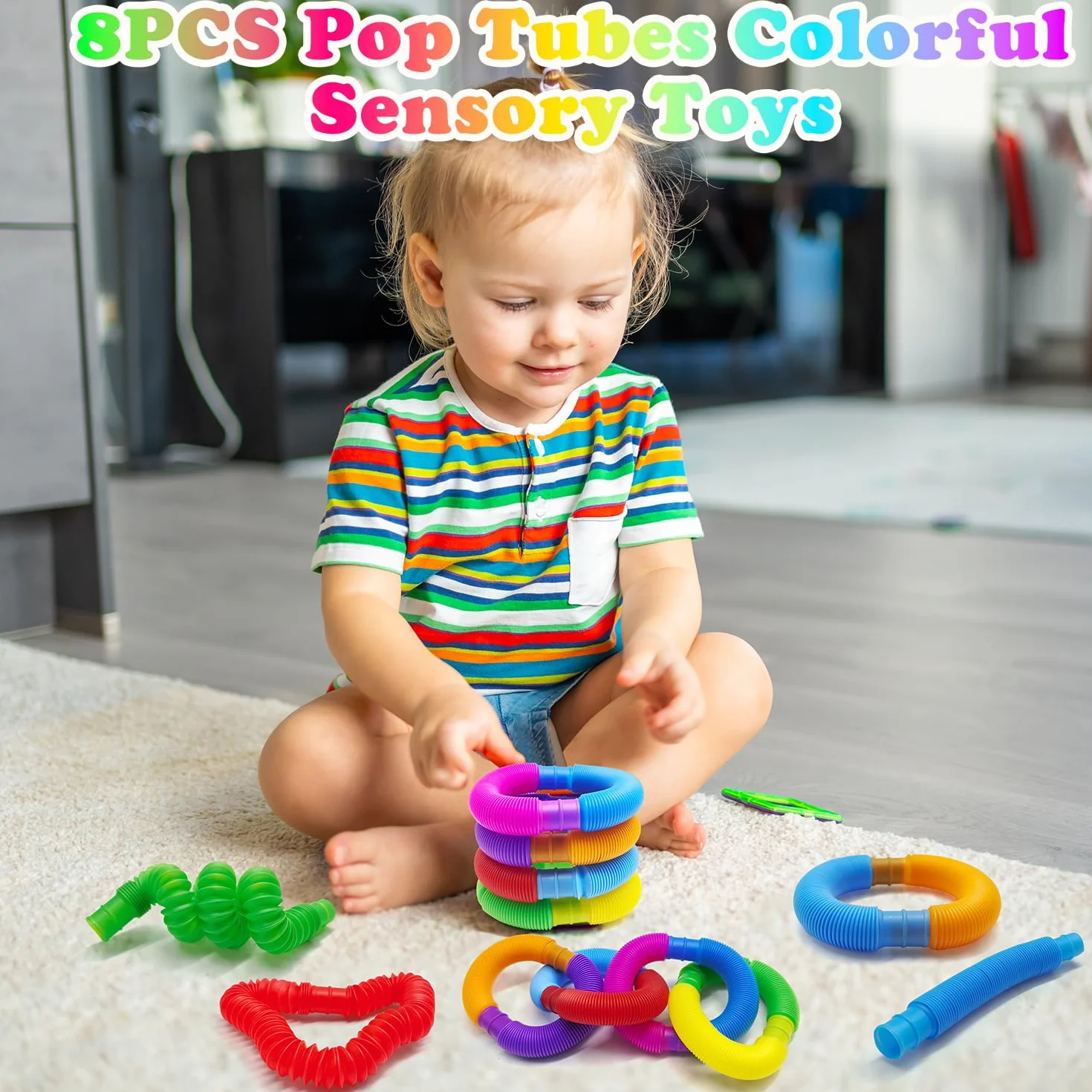 8pcs Pop Tubes, Sensory Fidget Zabawki Stretch Pipe Toy, Zabawki do nauki dla małych dzieci Kolorowe rury, Zgięte do DIY Stress Relief Dzieci Dorośli Boże Narodzenie Prezent na urodziny