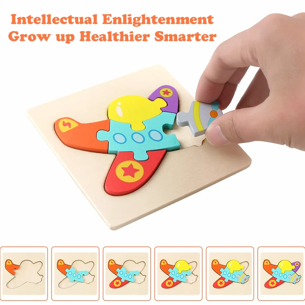 HOTUT Drewniane puzzle, 6 sztuk 3D puzzle ze zwierzętami, zabawki dla niemowląt, zestaw puzzli z numerami kształtu, drewniane puzzle dla malucha, prezent, zabawka edukacyjna, dla dzieci w wieku 1-3