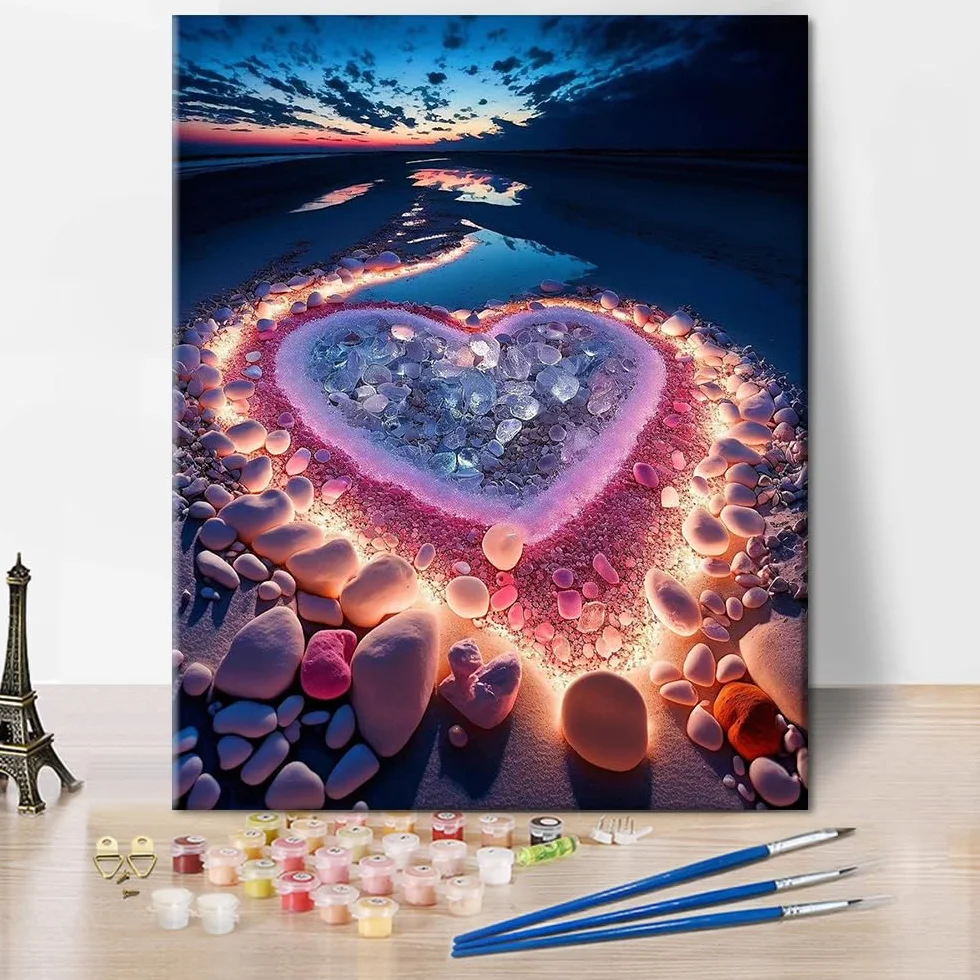 TISHIRON Heart Stone Paint by Numbers for Adults Romantic Colored Stone Painting Seaside Beach DIY Oil Paint by Number On Canvas Painting Art Crafts Acrylic Paints for Home Decor Painting Gifts 16 x