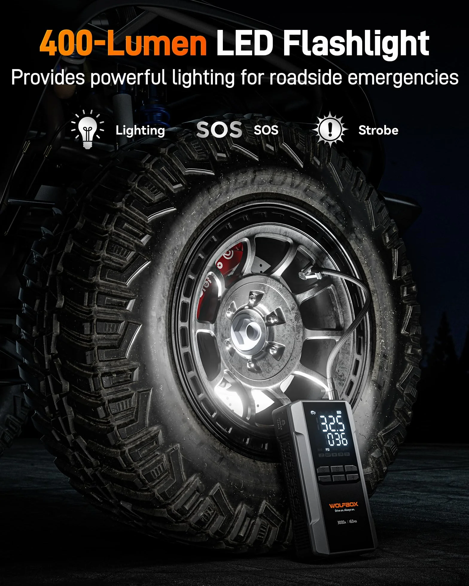 WOLFBOX Rozrusznik skokowy 3000 A ze sprężarką powietrza, przenośny rozrusznik samochodowy 16000 mAh i 160 PSI z szybkim ładowaniem 65 W, akumulator 12 V (silnik wysokoprężny 8 l, gazowy 6 l) z