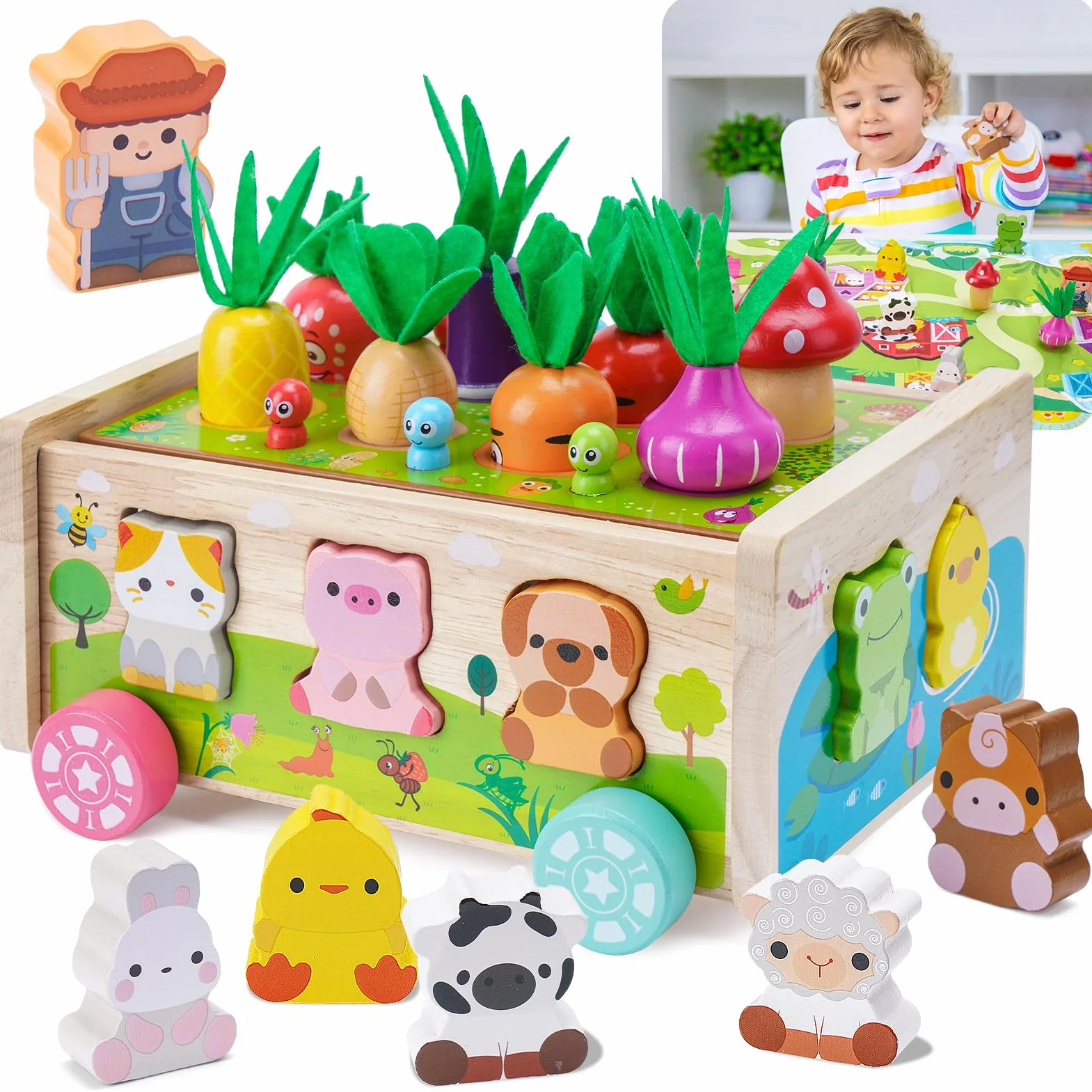 Montessori zabawka dla dzieci w wieku od 1, 2, 3 lat, drewniana zabawka z kartą 7 w 1, zabawka motoryczna z drewna, dla dzieci, marchewek, zabawek, prezent Montessori dla dziewcząt i chłopców