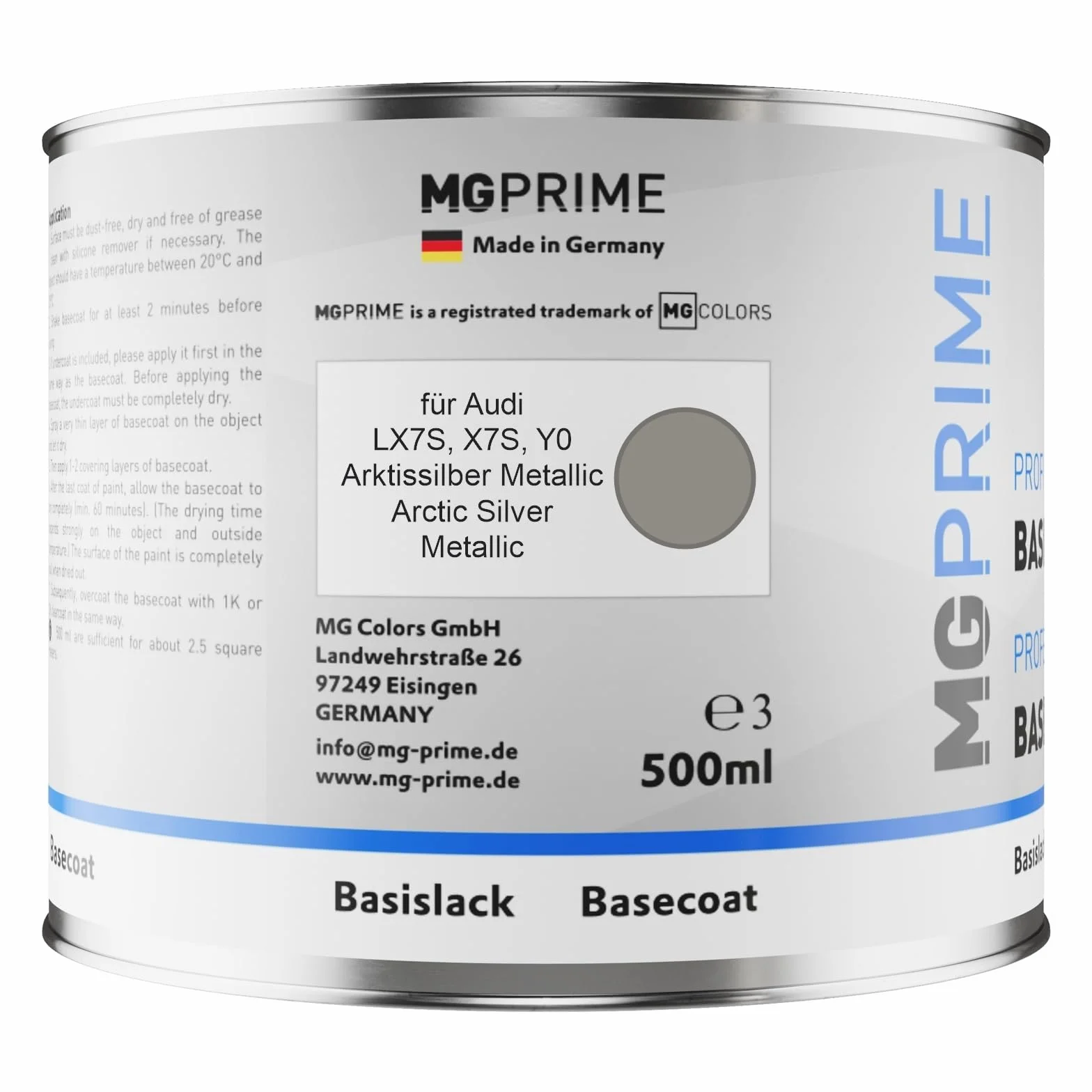 MG PRIME Lakier samochodowy Puszka gotowa do natrysku dla Audi LX7S / X7S / Y0 Arktissilber Metallic/Arctic Silver Metallic Lakier bazowy 0,5 litra 500ml