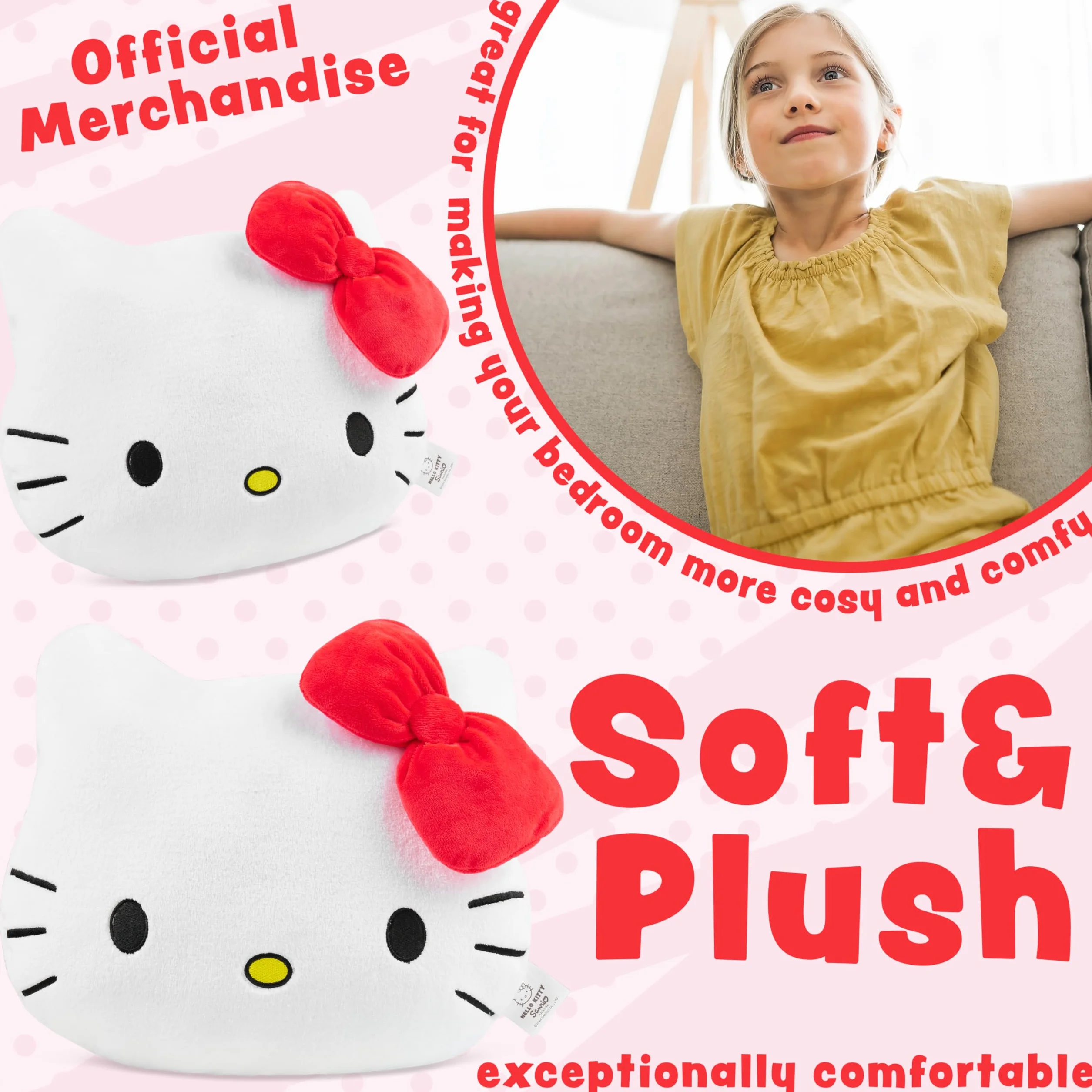 Hello Kitty Pluszowa poduszka 3D na sofę, łóżko, przytulenie poduszki kobiety nastolatki dzieci 37 x 32 cm - wystrój domu