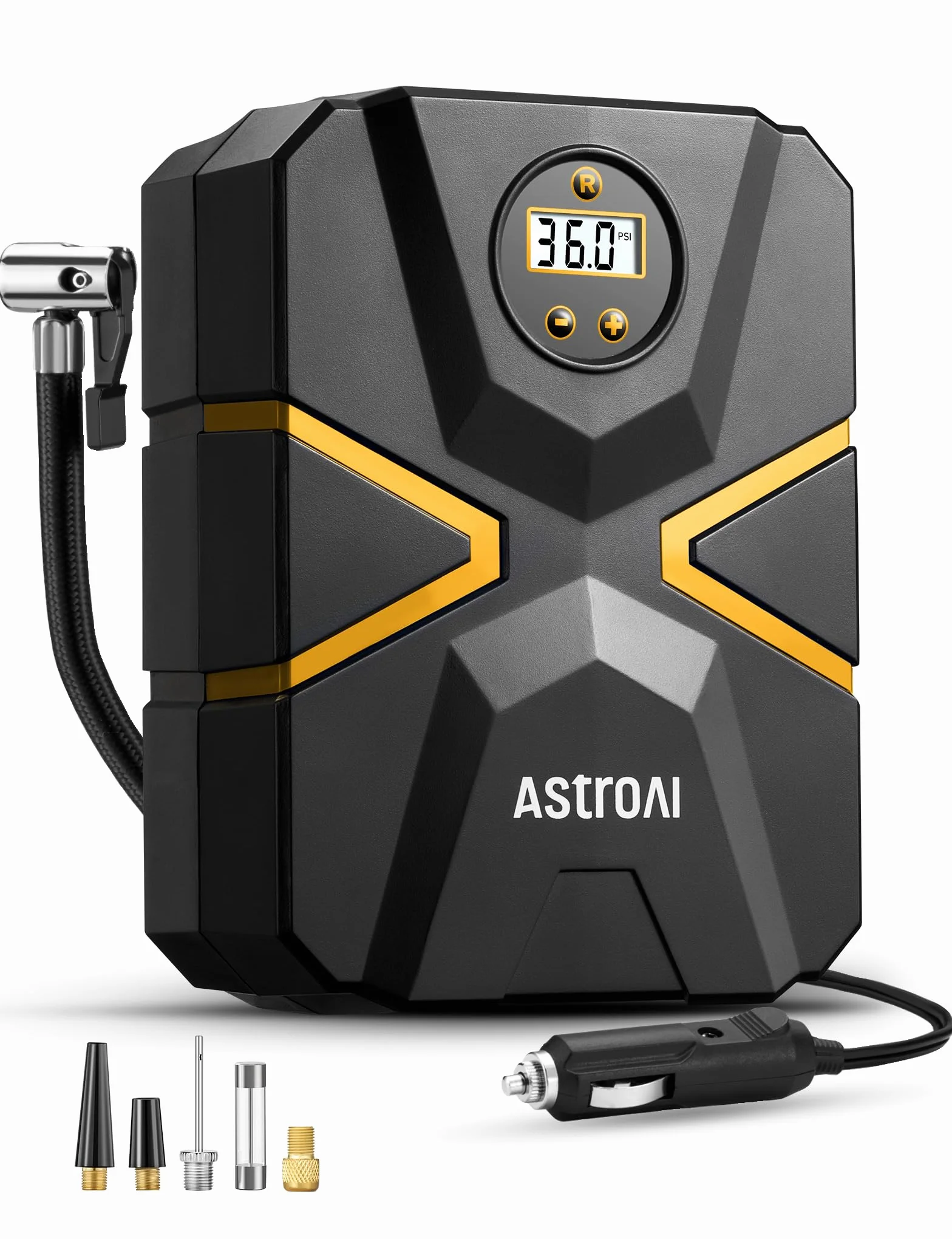 AstroAI Sprężarka do opon samochodowych, pompa powietrza 10,3 bar, 12 V DC, z wyświetlaczem LCD w czasie rzeczywistym, wstępnie ustawione ciśnienie w oponach, automatyczne wyłączanie, sprężarka
