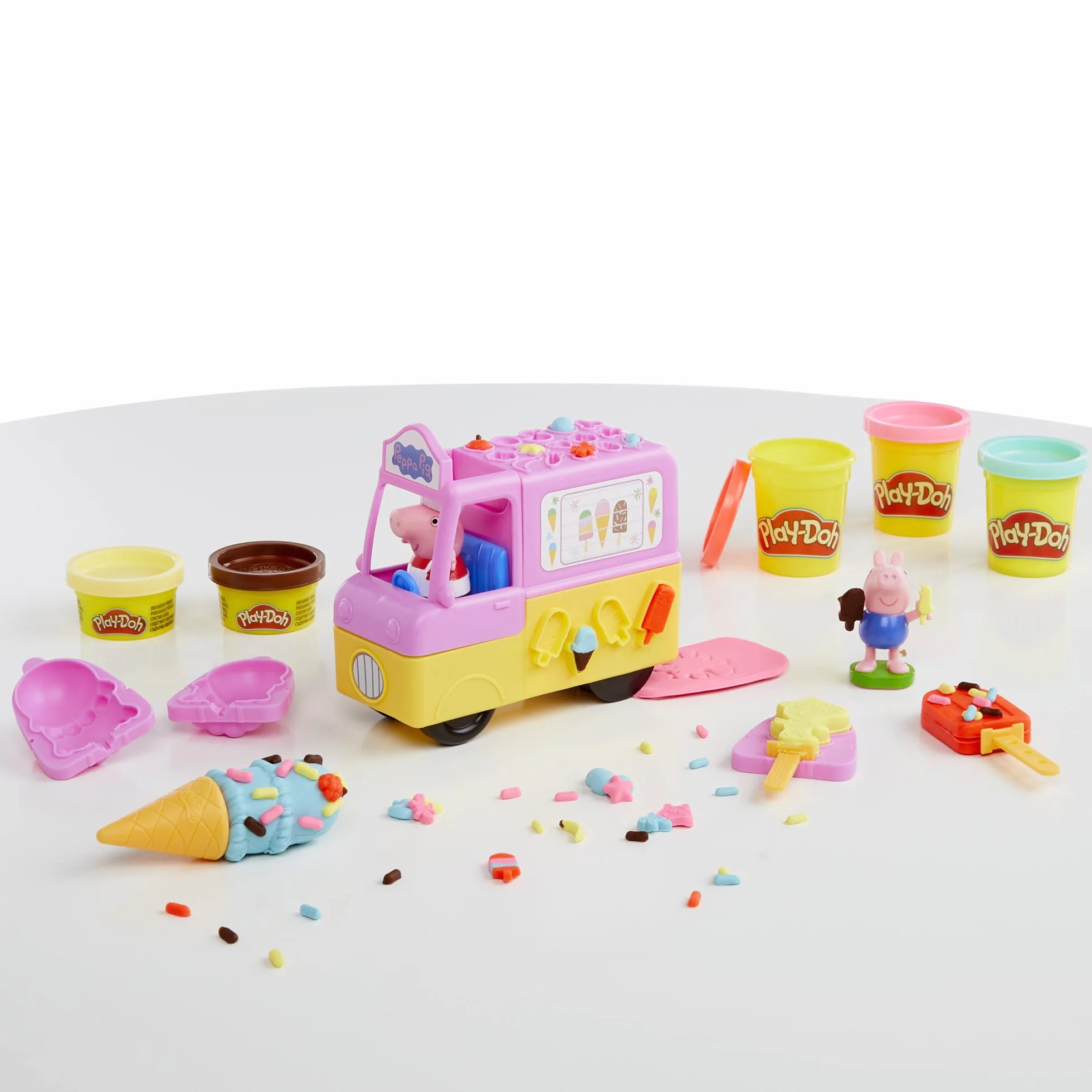 Play-Doh Zestaw do zabawy z lodami, Świnką Peppą i ciastoliną Play-Doh, furgonetka z lodami, figurki Peppy i George'a oraz 5 pojemników z ciastoliną