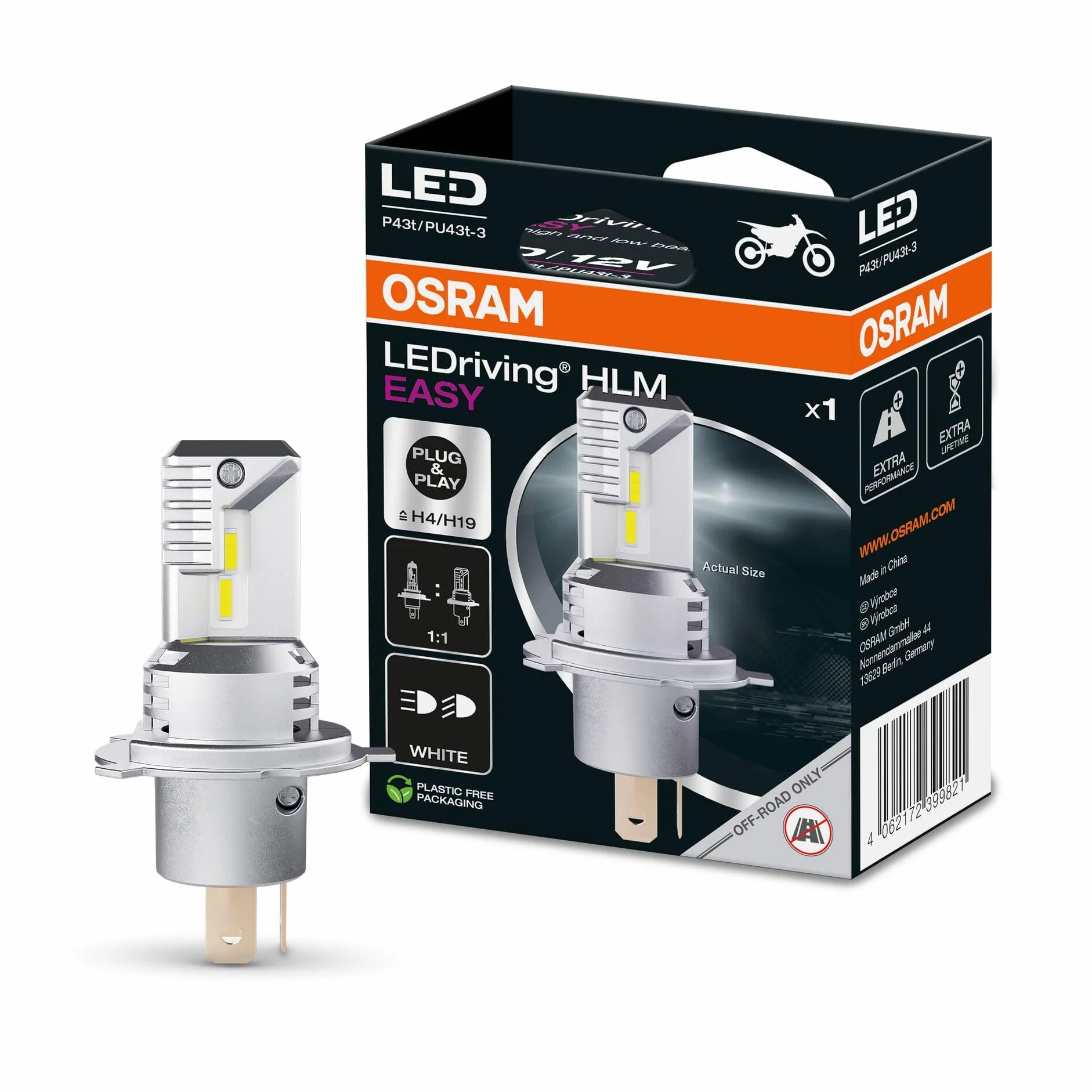 OSRAM LEDriving HLM EASY ≜ H4/H19, LED reflektor motocyklowy, Cool White 6500K, LED Retrofit światła drogowe i mijania, tylko do użytku w terenie - bez ECE, 1 lampa