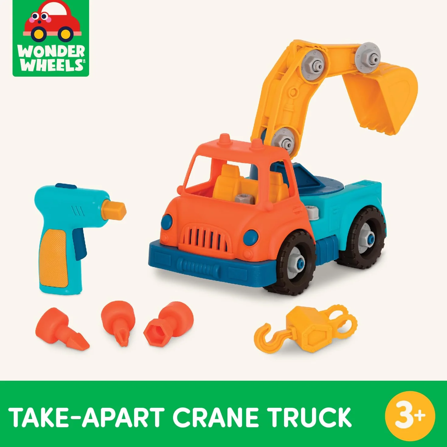 Wonder Wheels by Battat – Ciężarówka dźwigowa Take-Apart – zabawka żuraw z wiertarką dla dzieci w wieku od 3 lat i więcej (31 szt.)