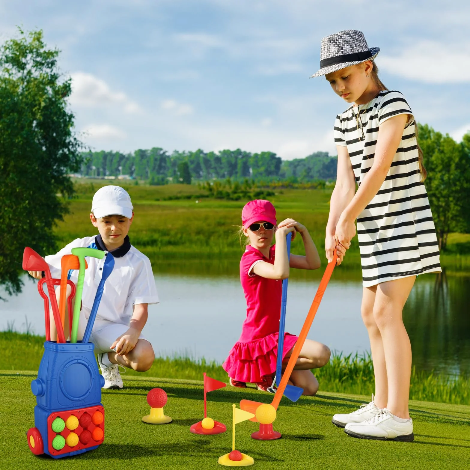 Zestaw zabawek golfowych dla dzieci, walizka golfowa, 4 kije golfowe, 8 piłek, gry na zewnątrz dla dzieci, zestaw zabawek golfowych dla dzieci, zabawki golfowe dla chłopców, dziewcząt