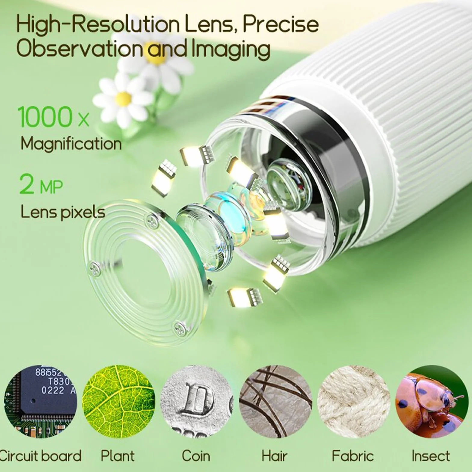 Ulepszony Zoom Zakres Handheld Mikroskop 2MP Real Time Imaging Portable Mikroskop dla Ciekawych Umysłów Afflack (WHITE)