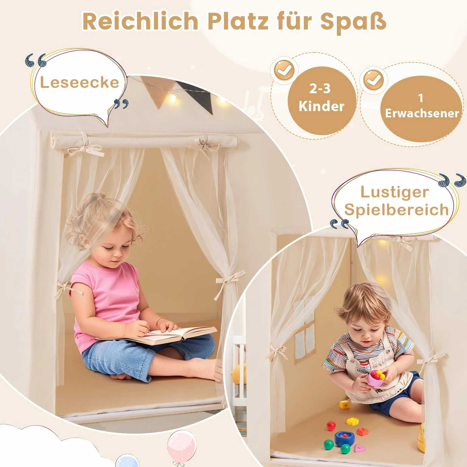 COSTWAY Namiot dziecięcy do użytku w pomieszczeniach, domek do zabawy dla dzieci, z antypoślizgową matą, łańcuchami świetlnymi i flagami, namiot do zabawy, do pokoju dziecięcego, namiot dla dzieci od