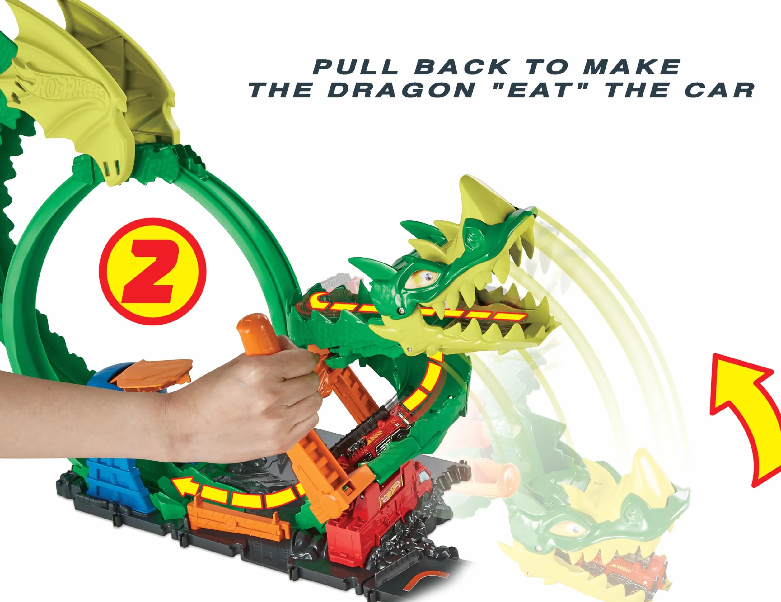 Hot Wheels Pętla smoka Zestaw do zabawy z wyzwaniami kaskaderskimi i 1 samochodzikiem Hot Wheels, łączy się z innymi zestawami, prezent dla dzieci od 3 do 8 lat, HDP03