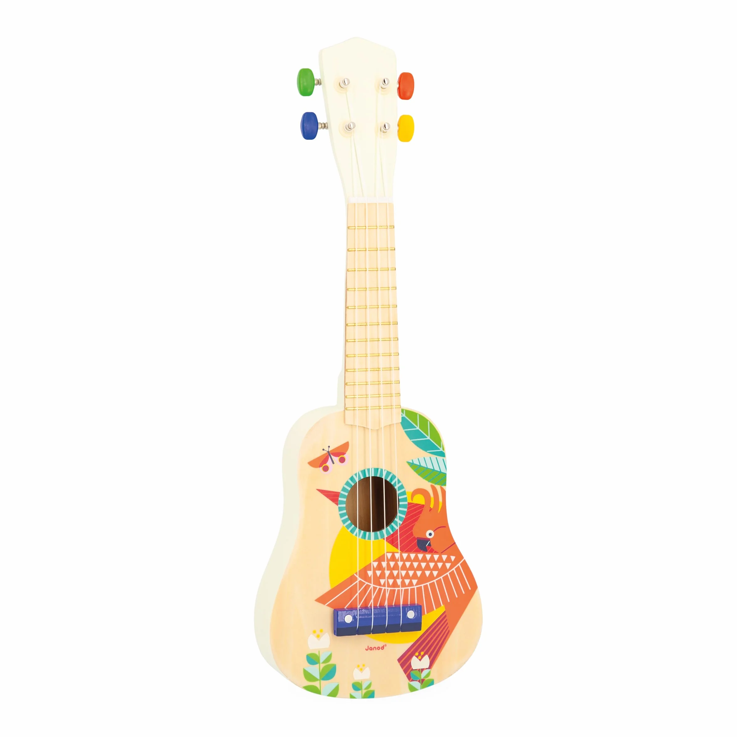 Janod Drewniane Ukulele Gioia-Instrument Dzieci-Sztuczna zabawka i zachęta muzyczna-malowanie wodne 3 lata, J07652, Multicolor (JURATOYS