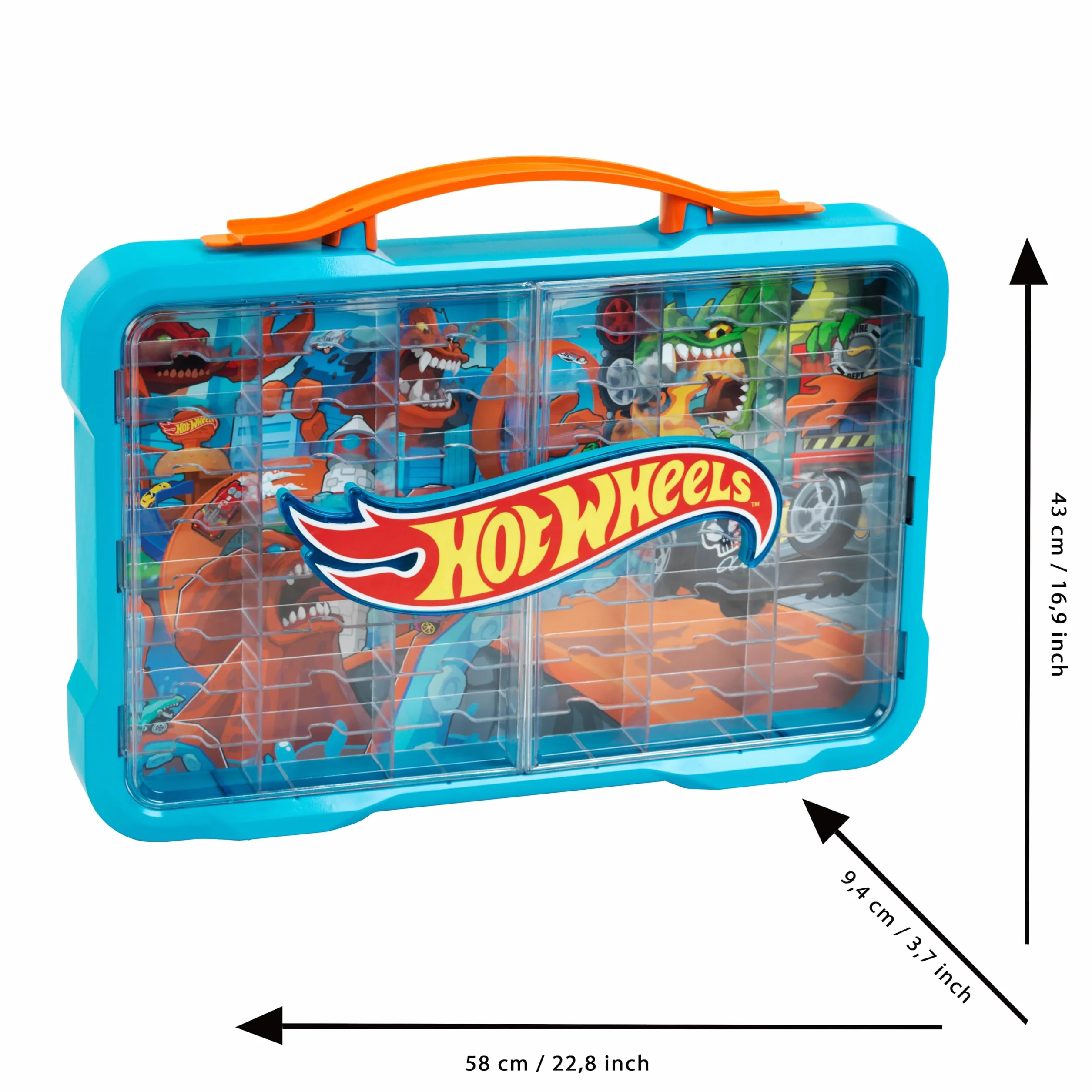 Theo Klein 2408 Hot Wheels witryna do walizki kolekcjonerskiej, miejsce na 54 samochody, świecące logo Hot Wheels, z praktycznym uchwytem do noszenia, zabawka dla dzieci od 3 lat