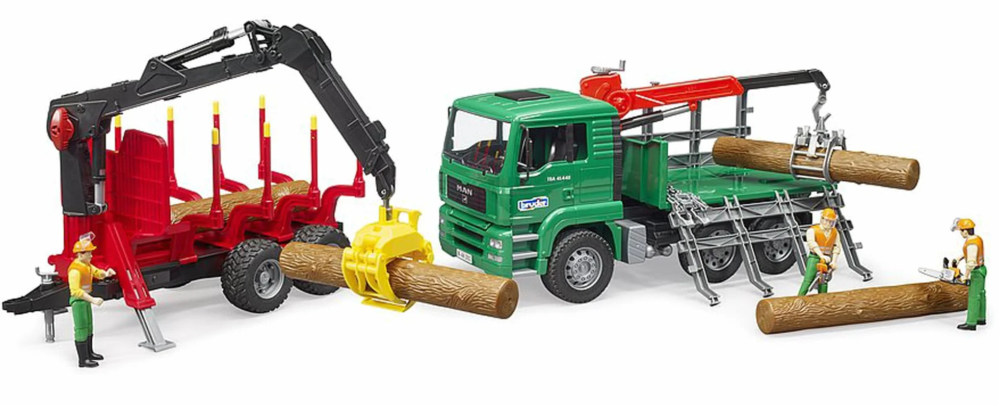 bruder 02252 - Przyczepa zrywkowa z dźwigiem załadunkowym, 4 pnie drzew i chwytak do drewna - 1:16 Pojazdy, przyczepy, leśnictwo, drzewa, wagon drewna, dźwig, leśnictwo