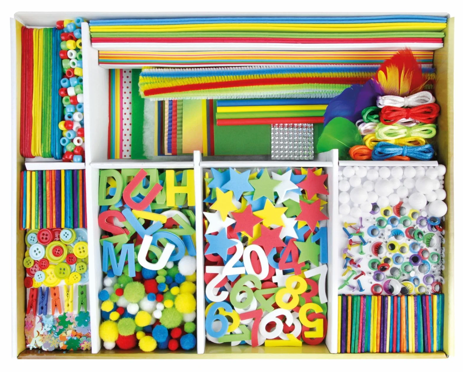 Lena 42663 Walizka do majsterkowania klasy premium, XXL, 1300 elementów, materiał do majsterkowania, z gumą piankową, kolorowym papierem, perłami, kwiatami, pomponami, wstążkami, guzikami, okrągłymi