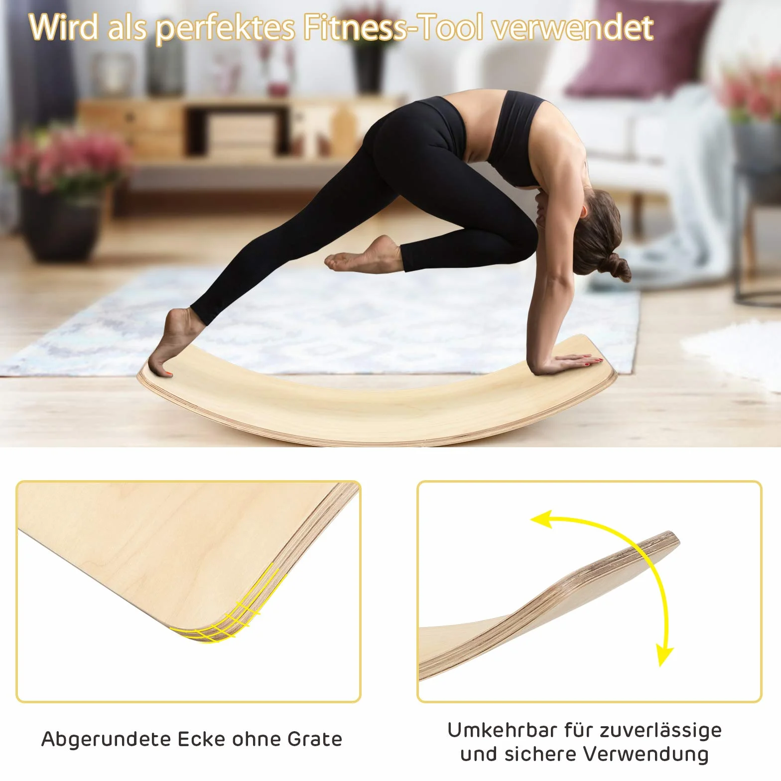 COSTWAY 90 x 40 cm deska do balansowania z filcu, drewniana deska do balansowania, obciążenie do 220 kg, zakrzywiona deska dla dzieci i dorosłych