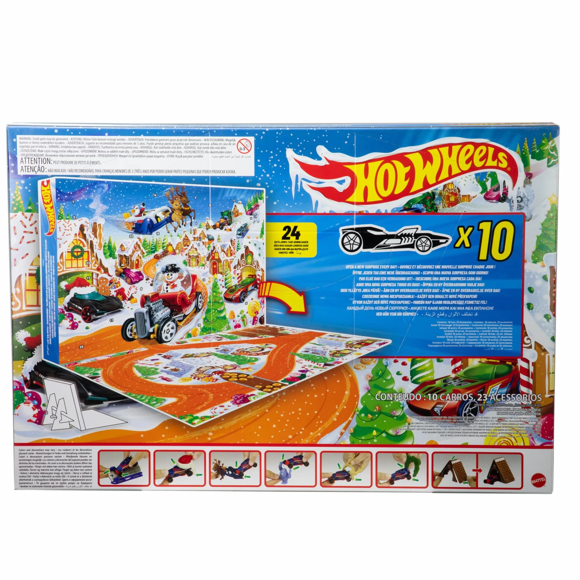 Mattel Hot Wheels Kalendarz adwentowy Zestaw do zabawy, 10 samochodów zabawek w skali 1:64, 10 ozdobnych klipsów i 14 zimowych akcesoriów, JCB47
