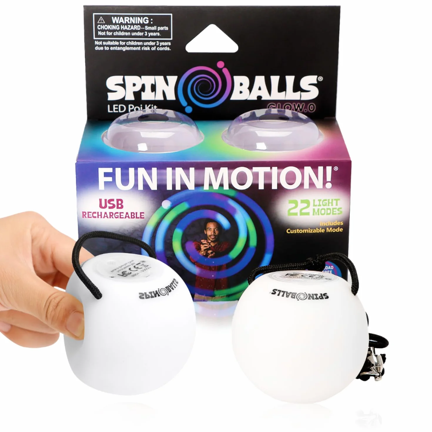 Spinballs Bolas Luminous - USB do ładowania z 22 trybami i kolorowymi wzorami świetlnymi - wytrzymała piłka do żonglowania, Soft-Core LED Kulki do Żonglerki z regulowanymi sznurkami i podwójną klamrą